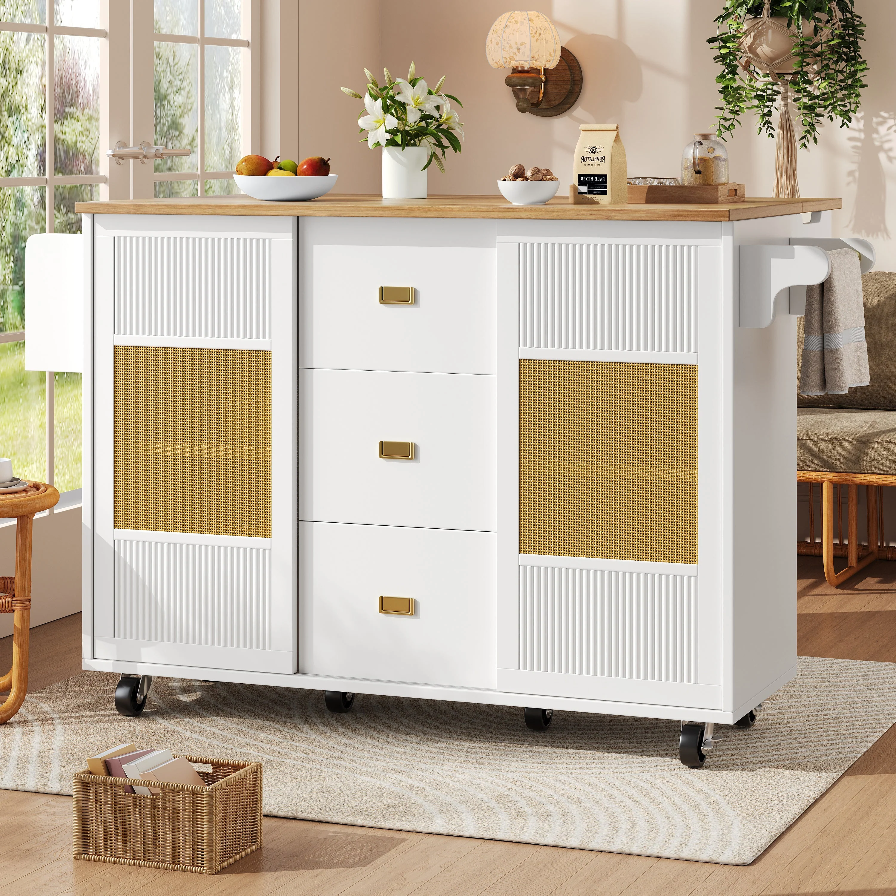 Kitchen Island Extendable with Wheels, Adjustable Shelves & Storage - White