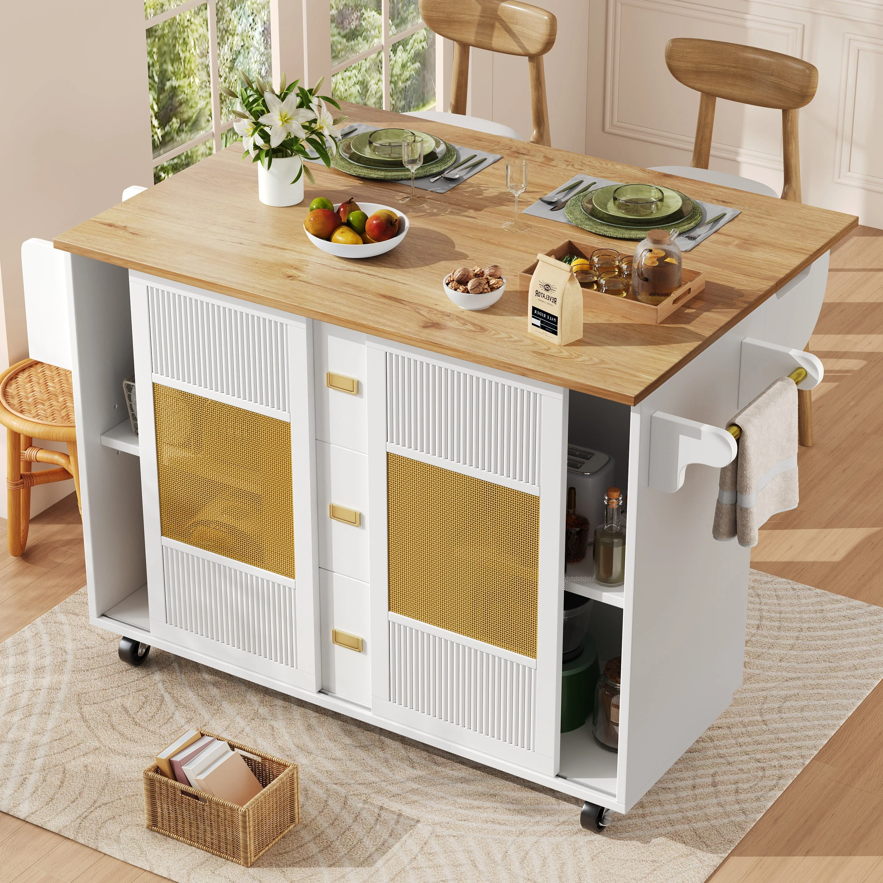 Kitchen Island Extendable with Wheels, Adjustable Shelves & Storage - White - Image 4