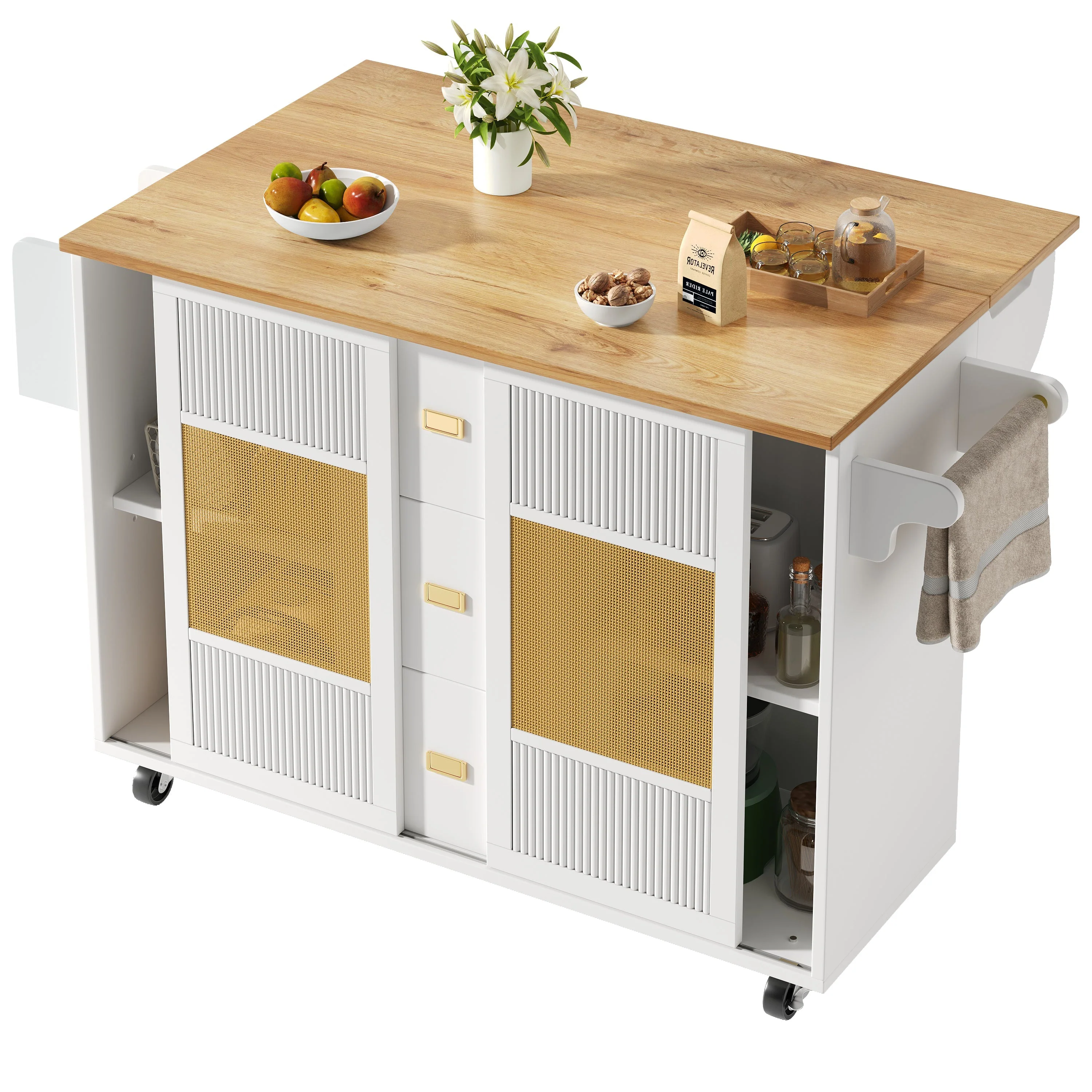 Kitchen Island Extendable with Wheels, Adjustable Shelves & Storage - White - Image 8