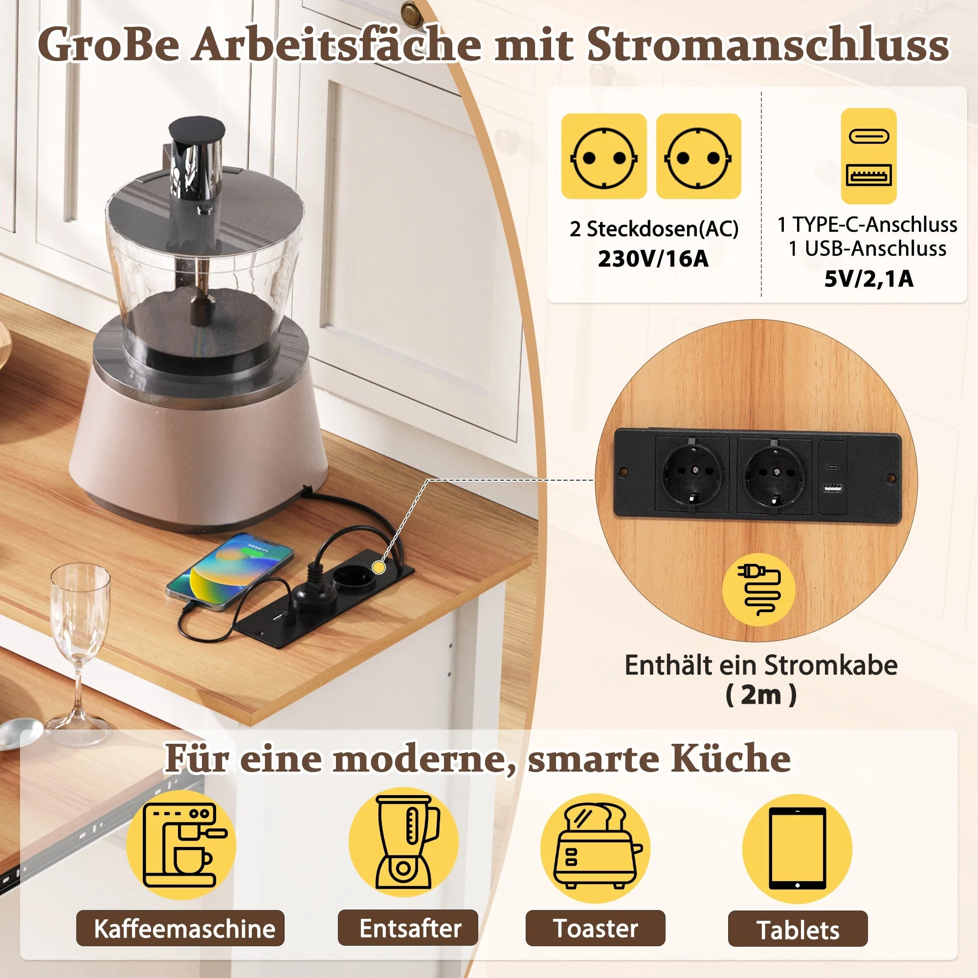 Kitchen Island Extendable Worktop Power Strips Waste Bin - White - Image 8