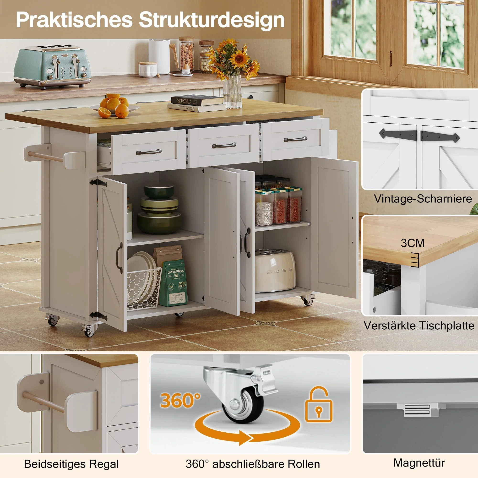Kitchen Island Fold-down Worktop, 4 Doors 3 Drawers, White - Image 5