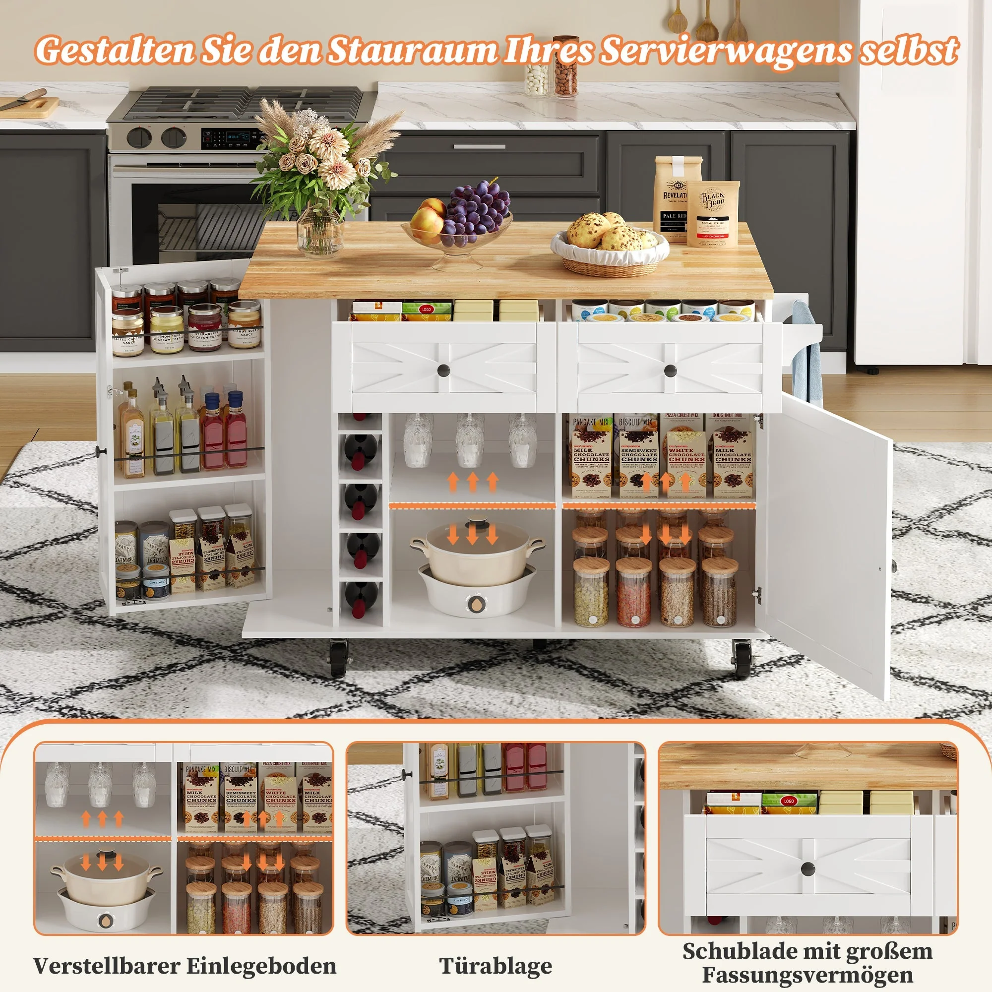 Kitchen Island Fold-Down Worktop Wine Rack Glass Holder 5 Casters - White - Image 4