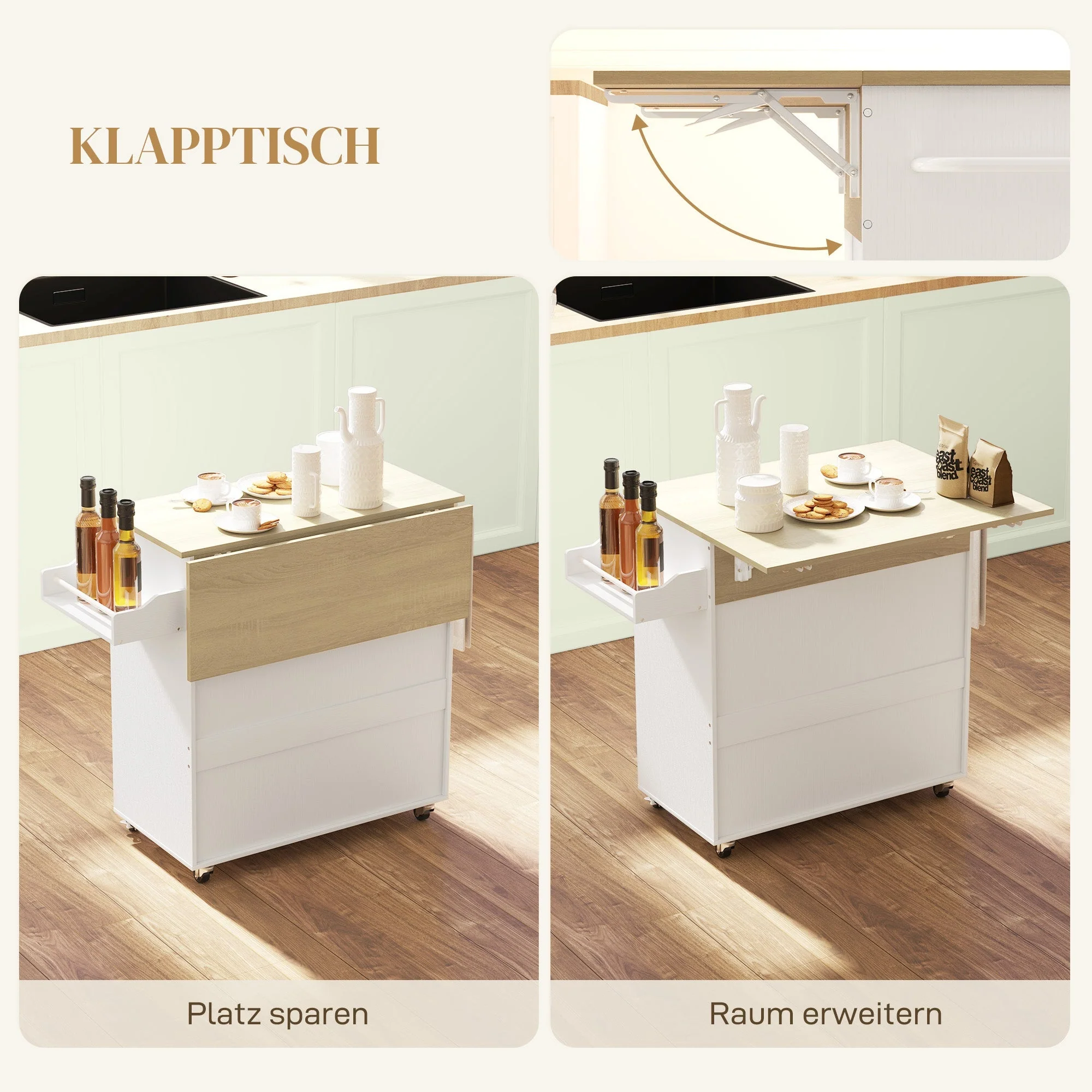 Kitchen Island, Folding Worktop & Storage, White - Image 4