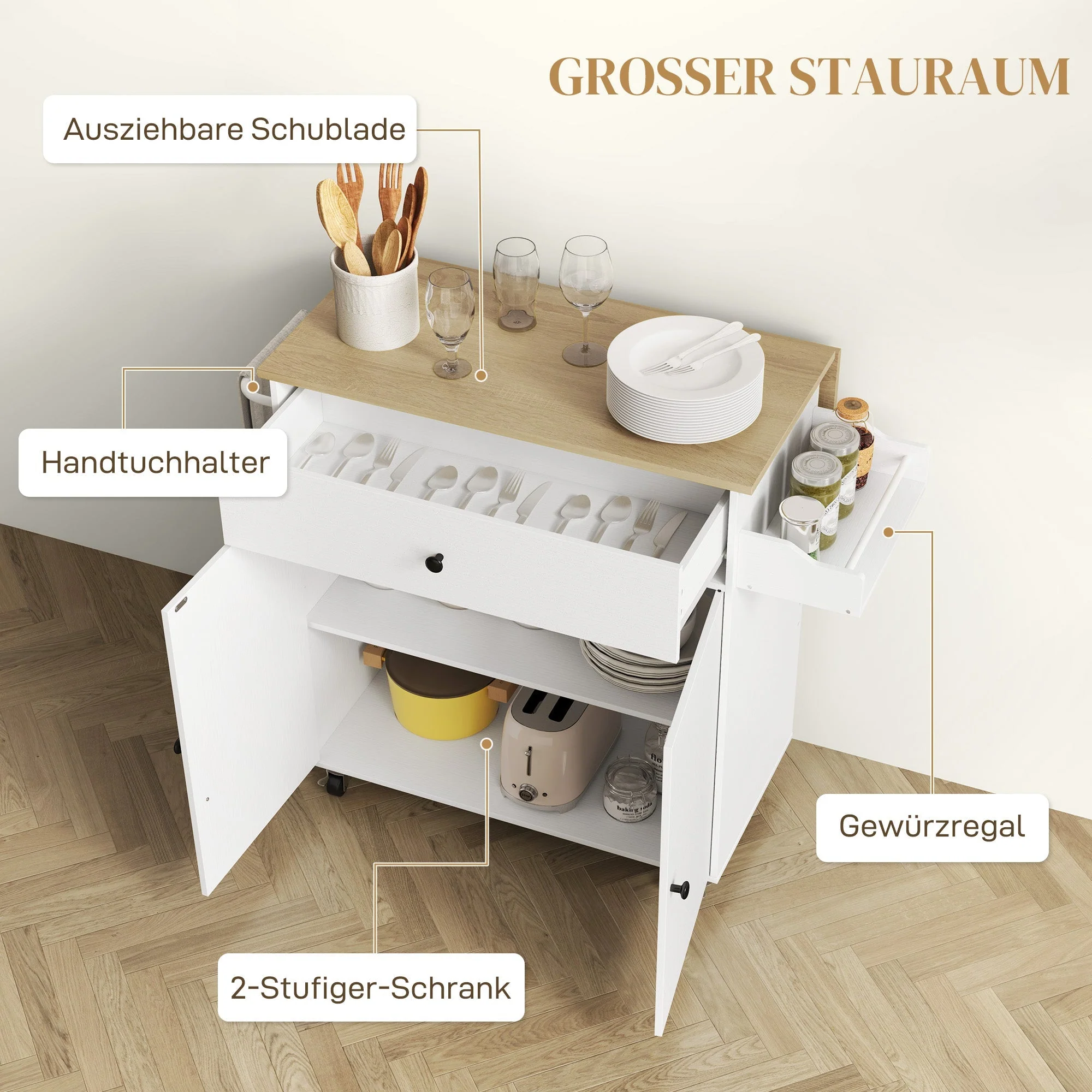 Kitchen Island, Folding Worktop & Storage, White - Image 5