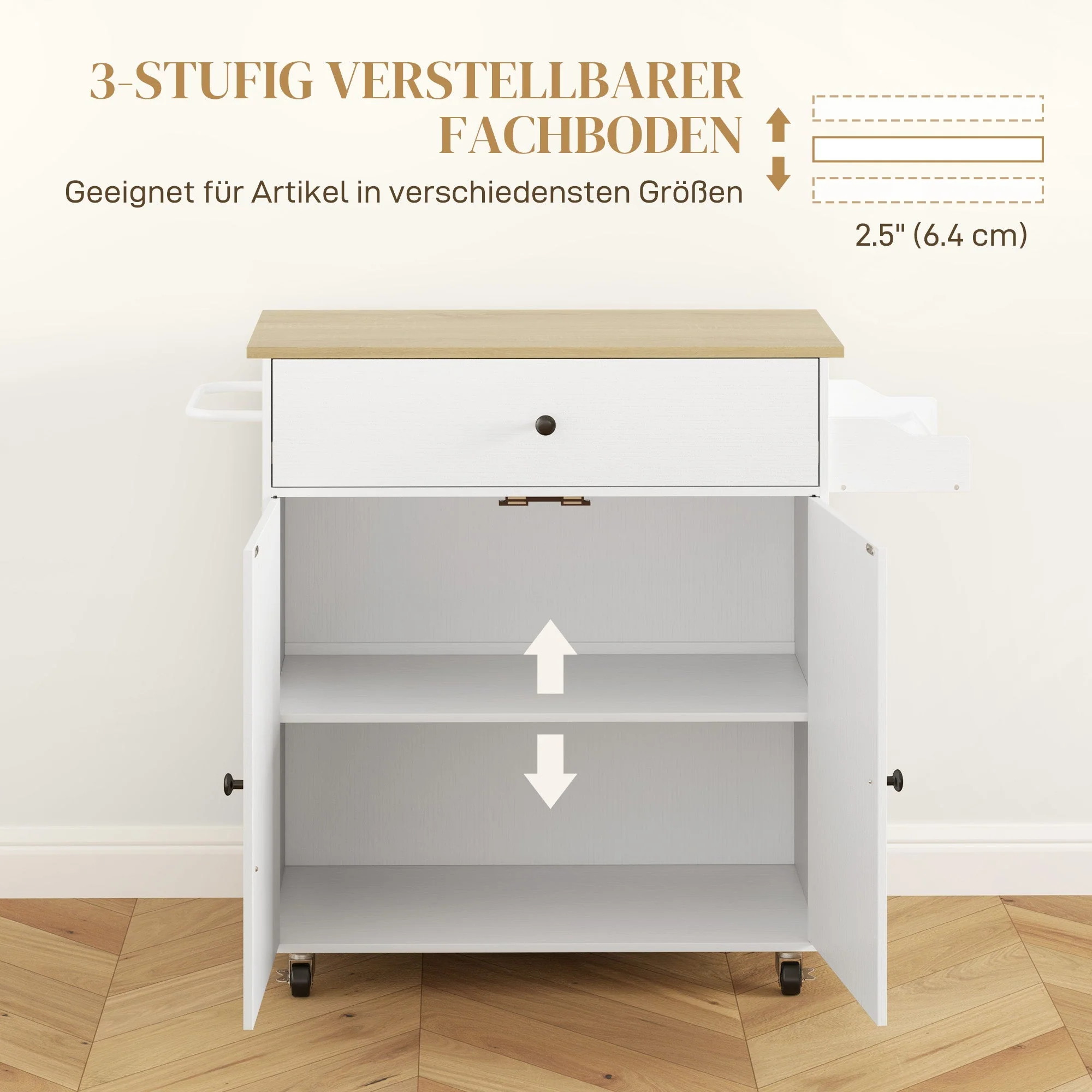 Kitchen Island, Folding Worktop & Storage, White - Image 6