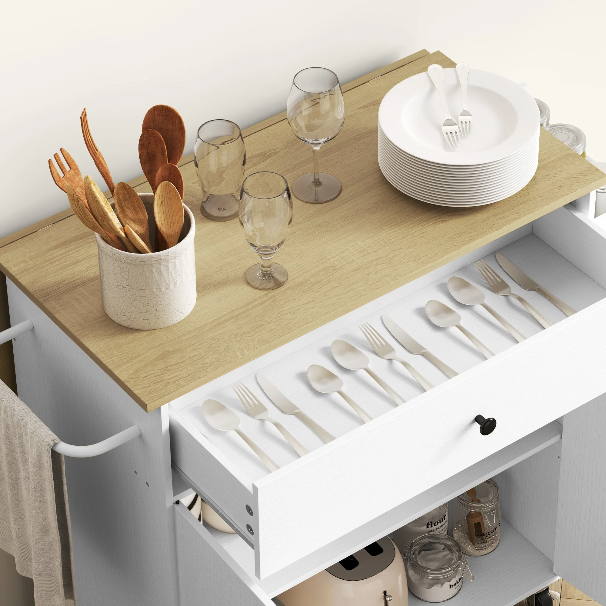 Kitchen Island, Folding Worktop & Storage, White - Image 8