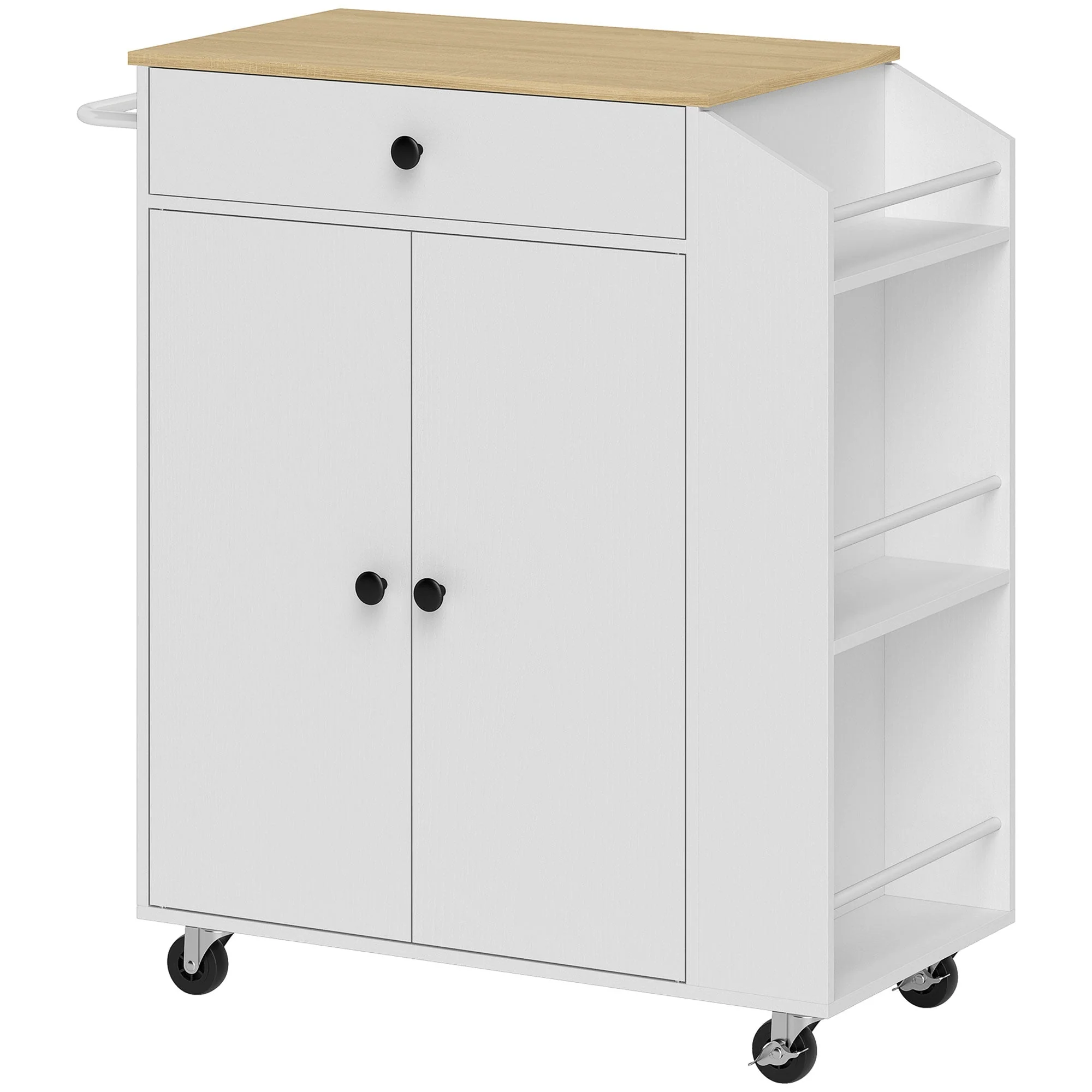 Kitchen Island Kitchen Trolley on Wheels with Worktop, Drawer, Cabinet, Spice Rack, Towel Rail, White - Image 2