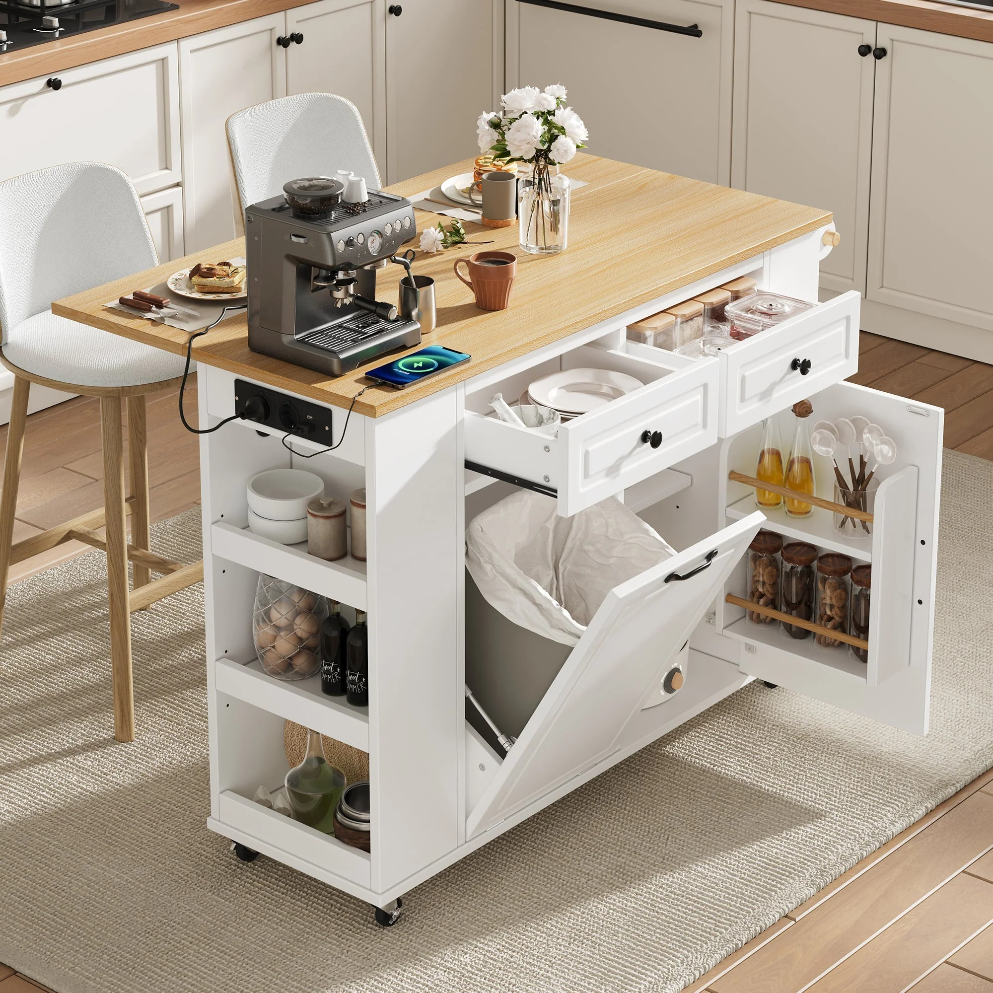Kitchen Island Mobile Extendable Dining Table Waste Bin Towel Rack Power Strips - White