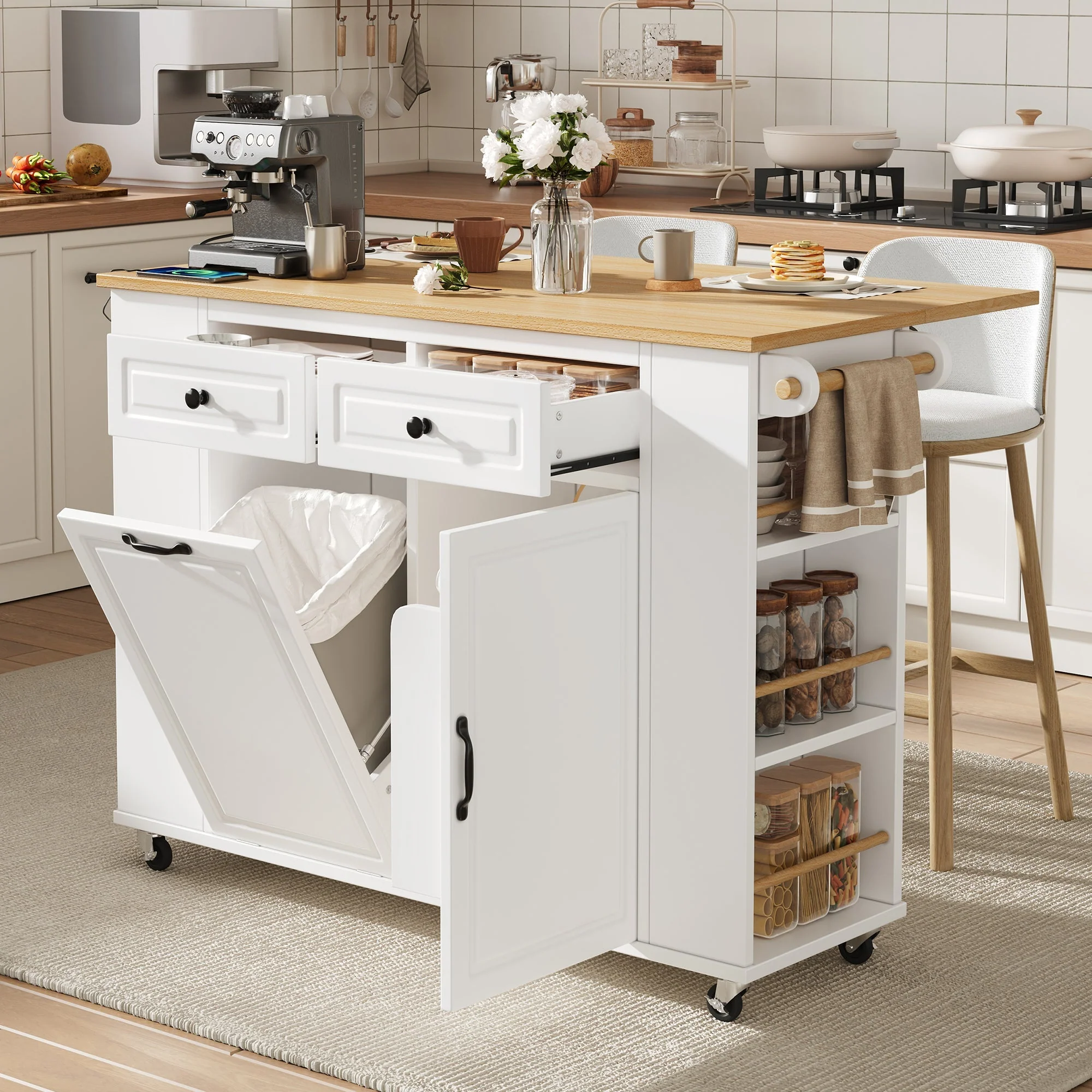 Kitchen Island Mobile Extendable Dining Table Waste Bin Towel Rack Power Strips - White - Image 2