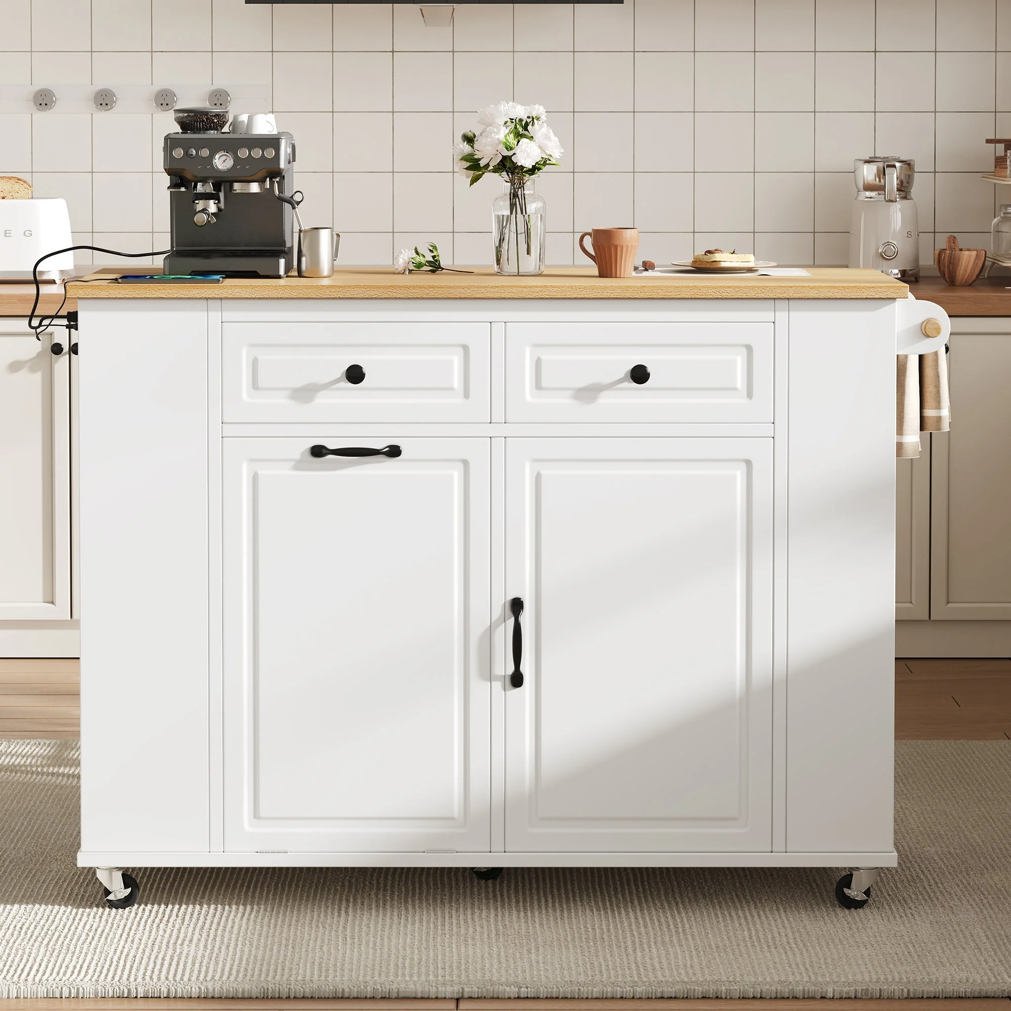 Kitchen Island Mobile Extendable Dining Table Waste Bin Towel Rack Power Strips - White - Image 3