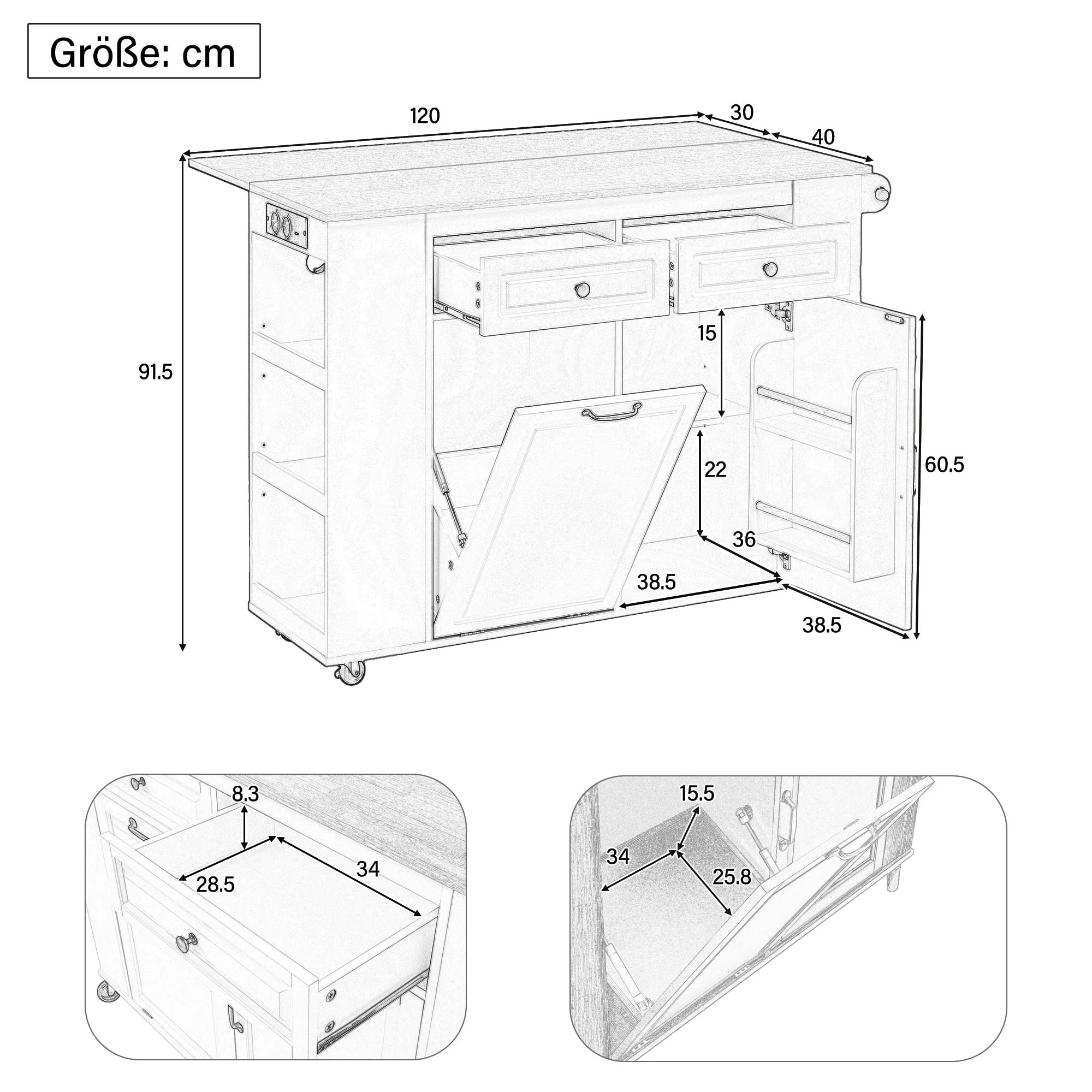 Kitchen Island Mobile Extendable Dining Table Waste Bin Towel Rack Power Strips - White - Image 4