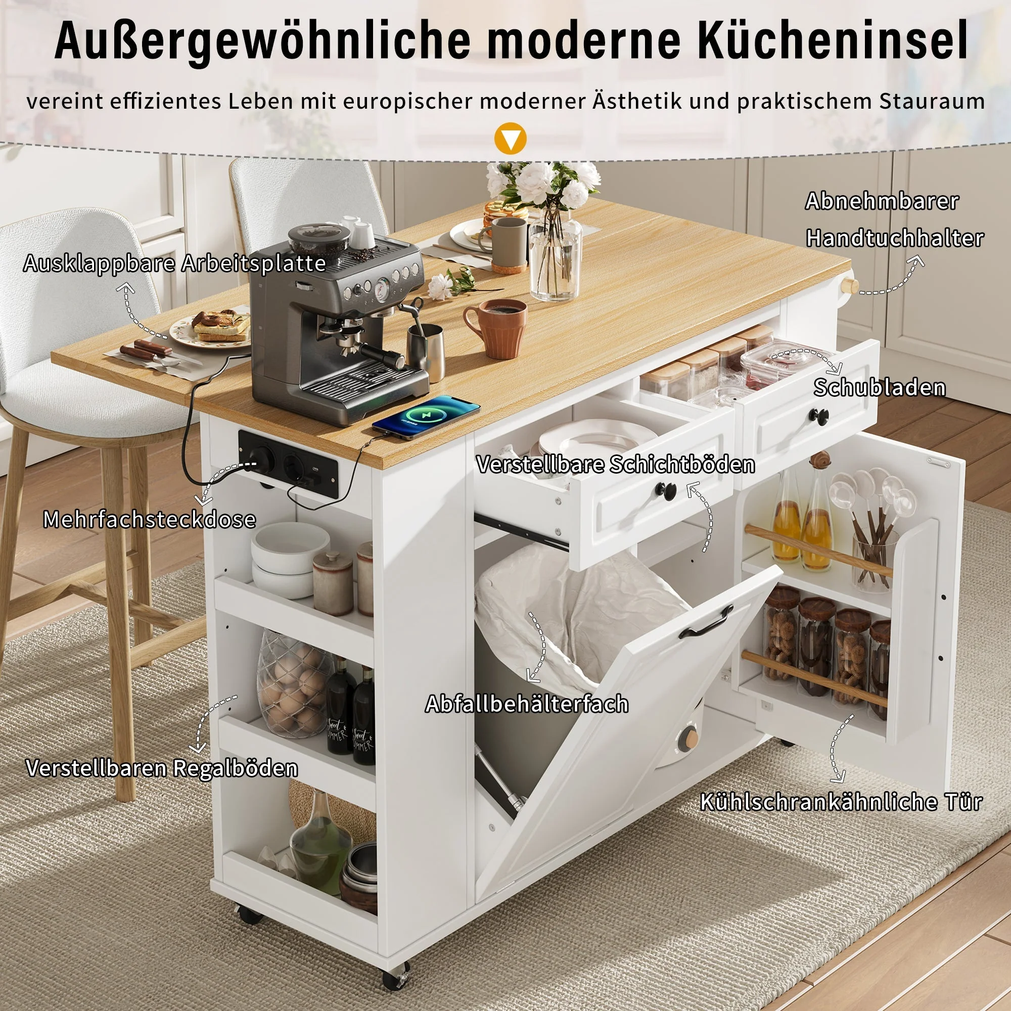 Kitchen Island Mobile Extendable Dining Table Waste Bin Towel Rack Power Strips - White - Image 5