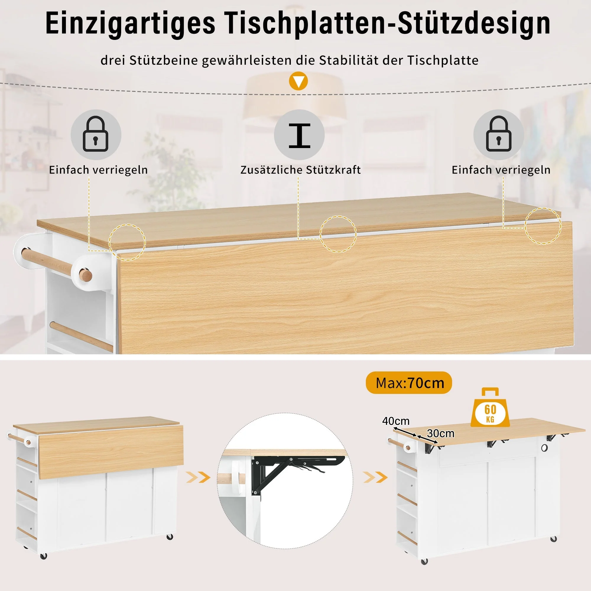 Kitchen Island Mobile Extendable Dining Table Waste Bin Towel Rack Power Strips - White - Image 6