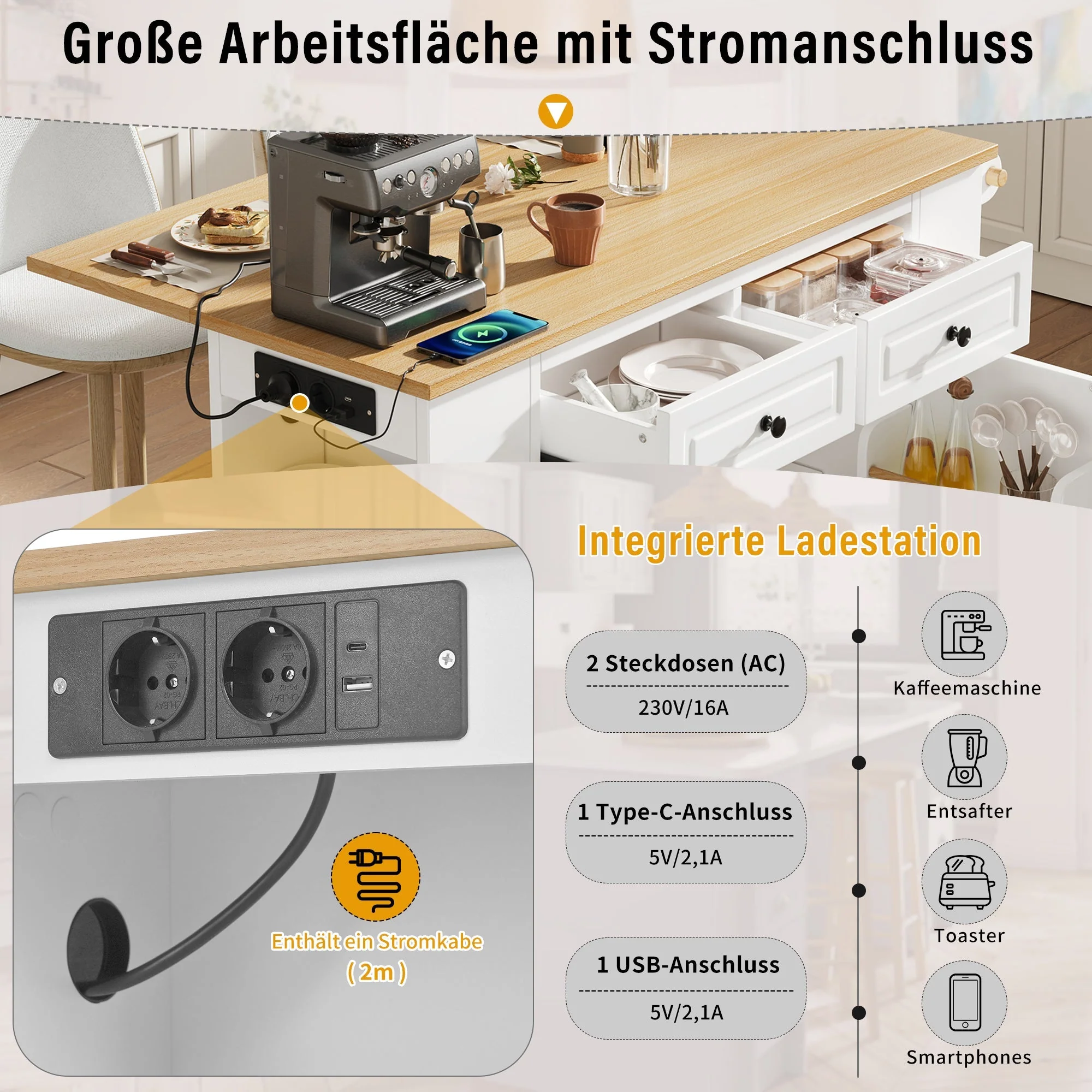Kitchen Island Mobile Extendable Dining Table Waste Bin Towel Rack Power Strips - White - Image 7