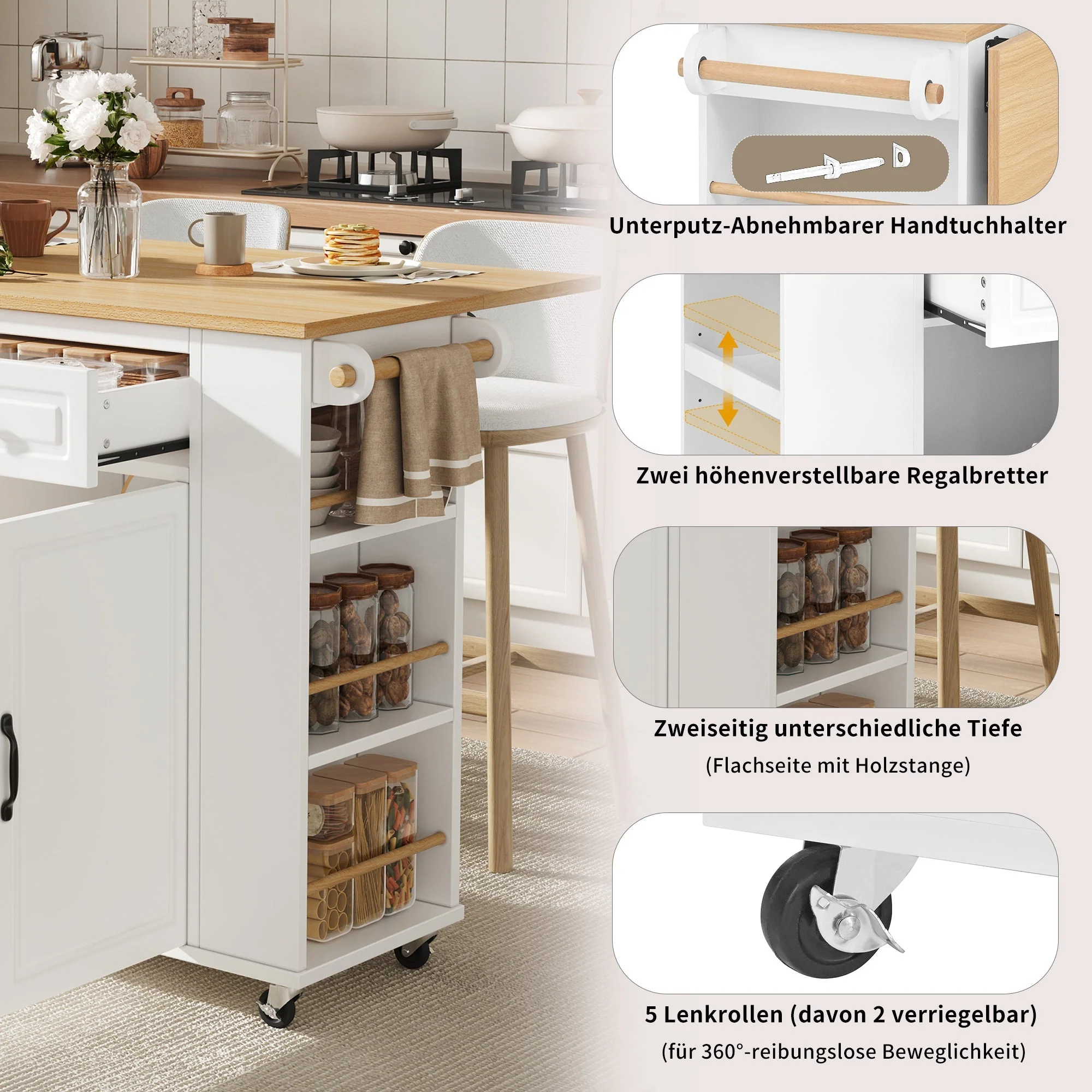 Kitchen Island Mobile Extendable Dining Table Waste Bin Towel Rack Power Strips - White - Image 9