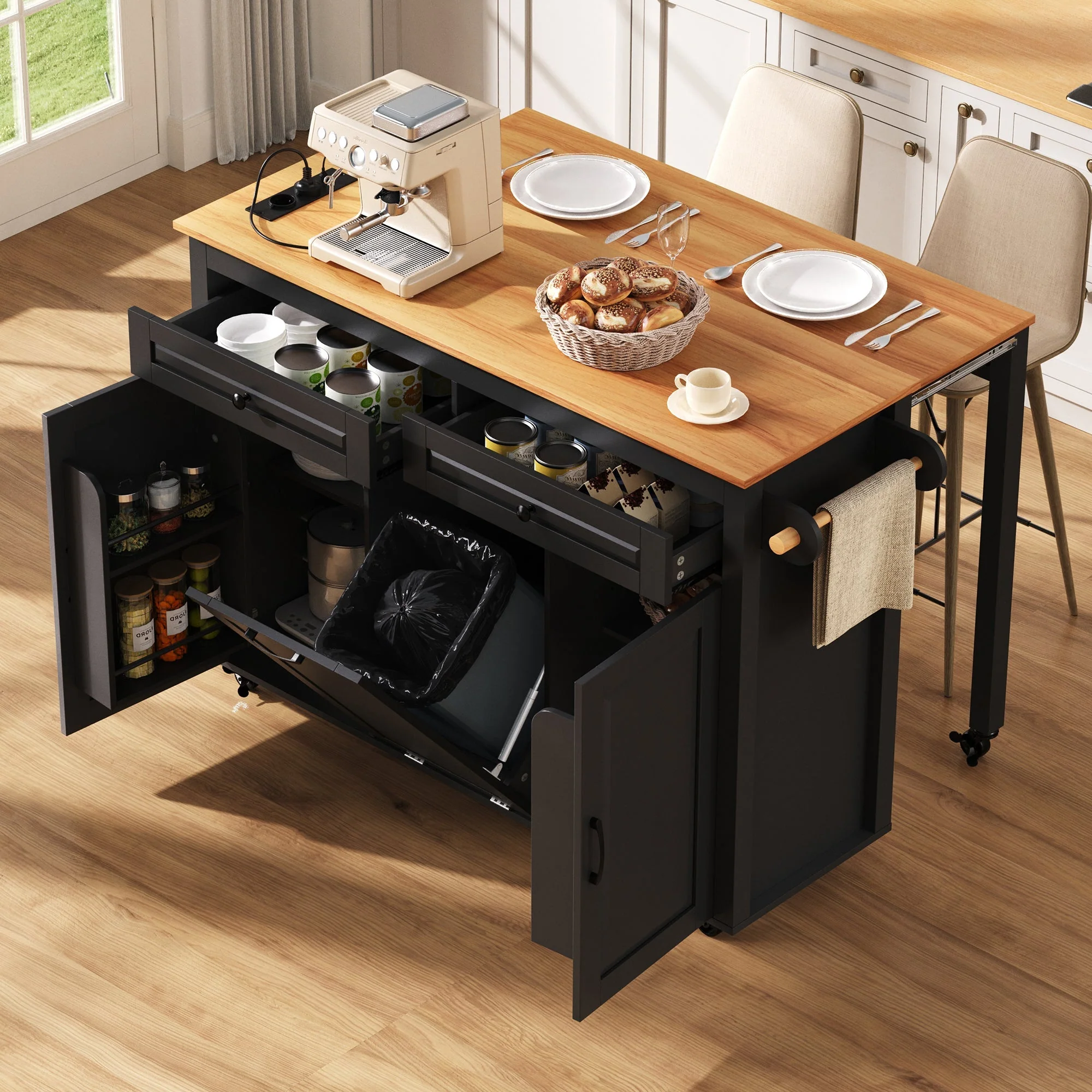 Kitchen Island Mobile Extendable Dining Worktop Waste Bin Power Strips - Black - Image 2