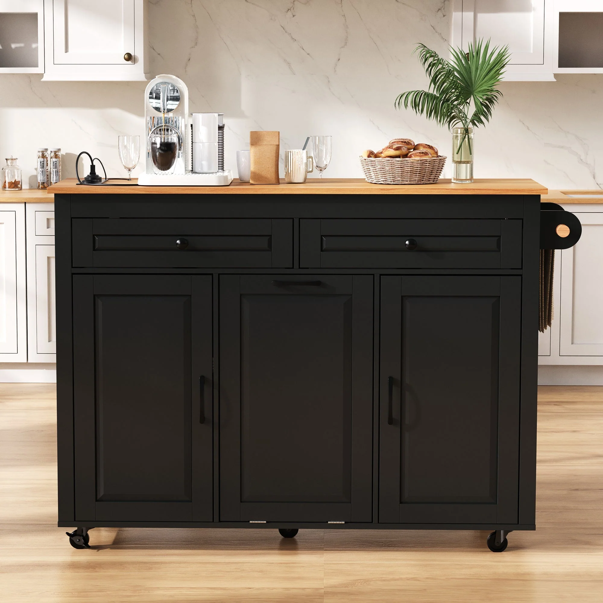 Kitchen Island Mobile Extendable Dining Worktop Waste Bin Power Strips - Black - Image 3