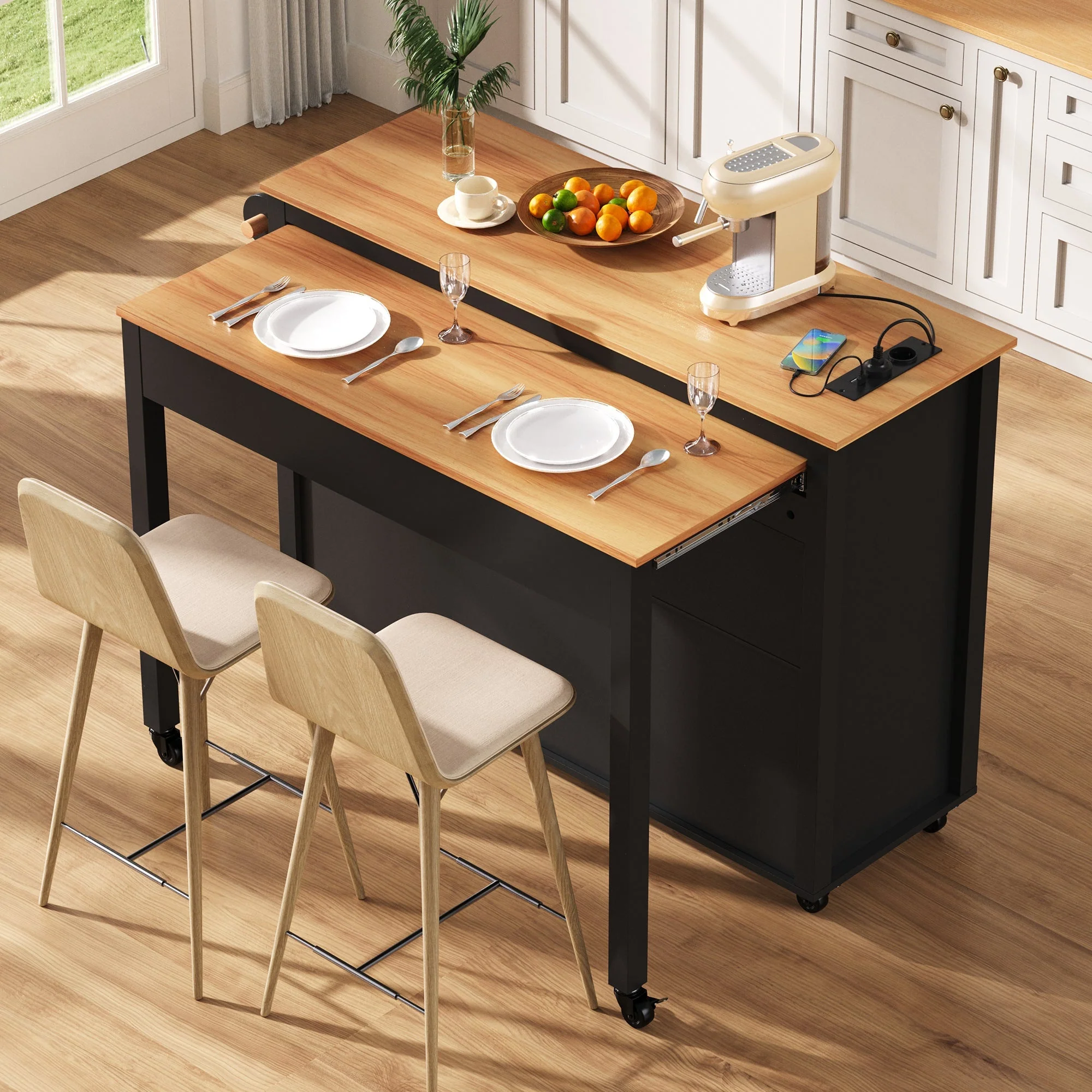 Kitchen Island Mobile Extendable Dining Worktop Waste Bin Power Strips - Black - Image 4