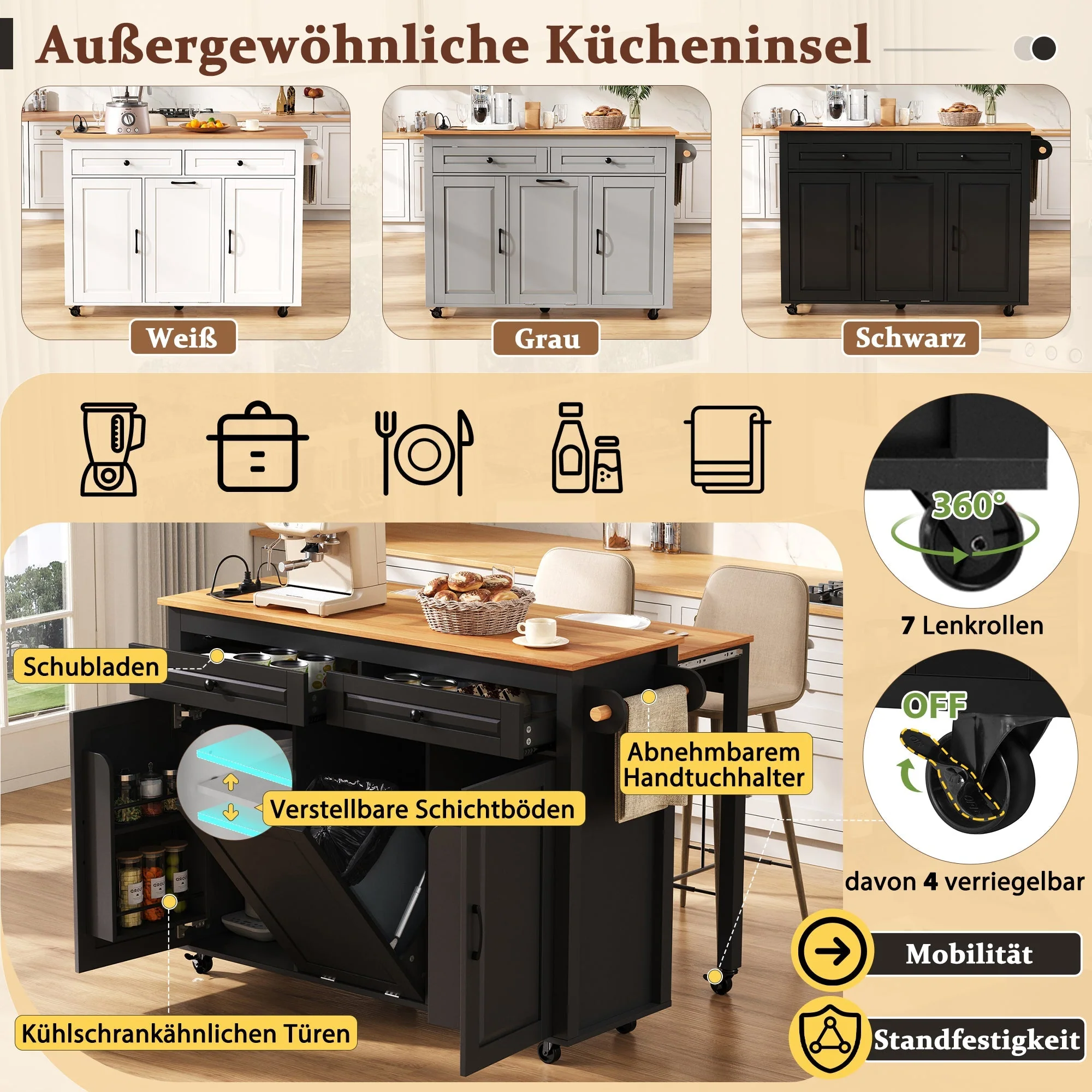 Kitchen Island Mobile Extendable Dining Worktop Waste Bin Power Strips - Black - Image 6