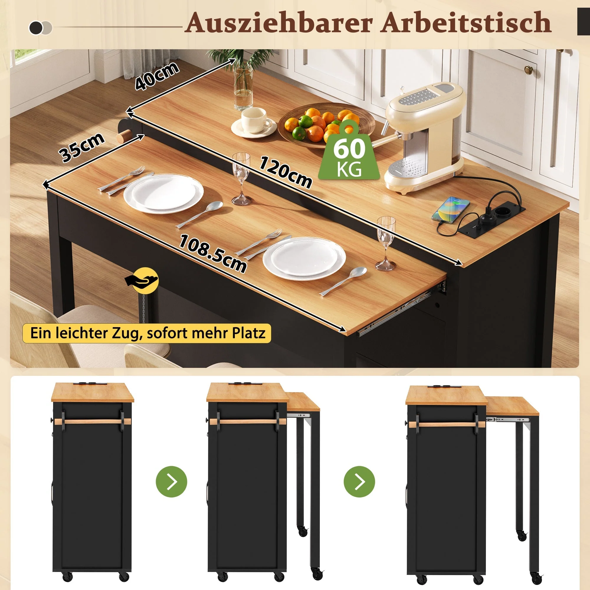 Kitchen Island Mobile Extendable Dining Worktop Waste Bin Power Strips - Black - Image 7
