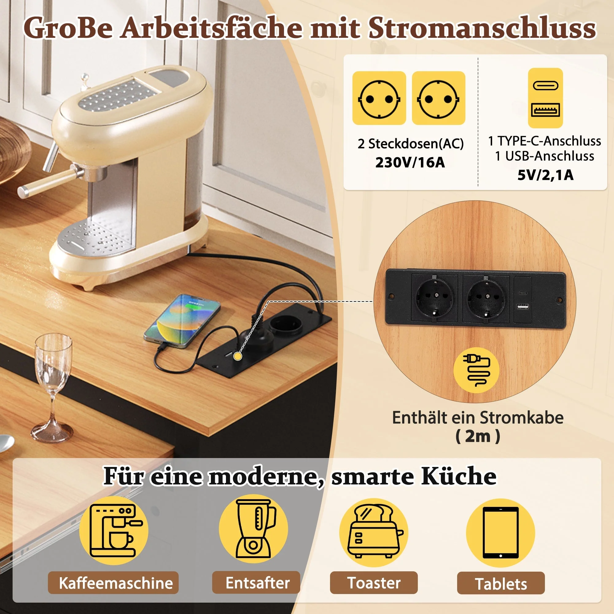 Kitchen Island Mobile Extendable Dining Worktop Waste Bin Power Strips - Black - Image 8
