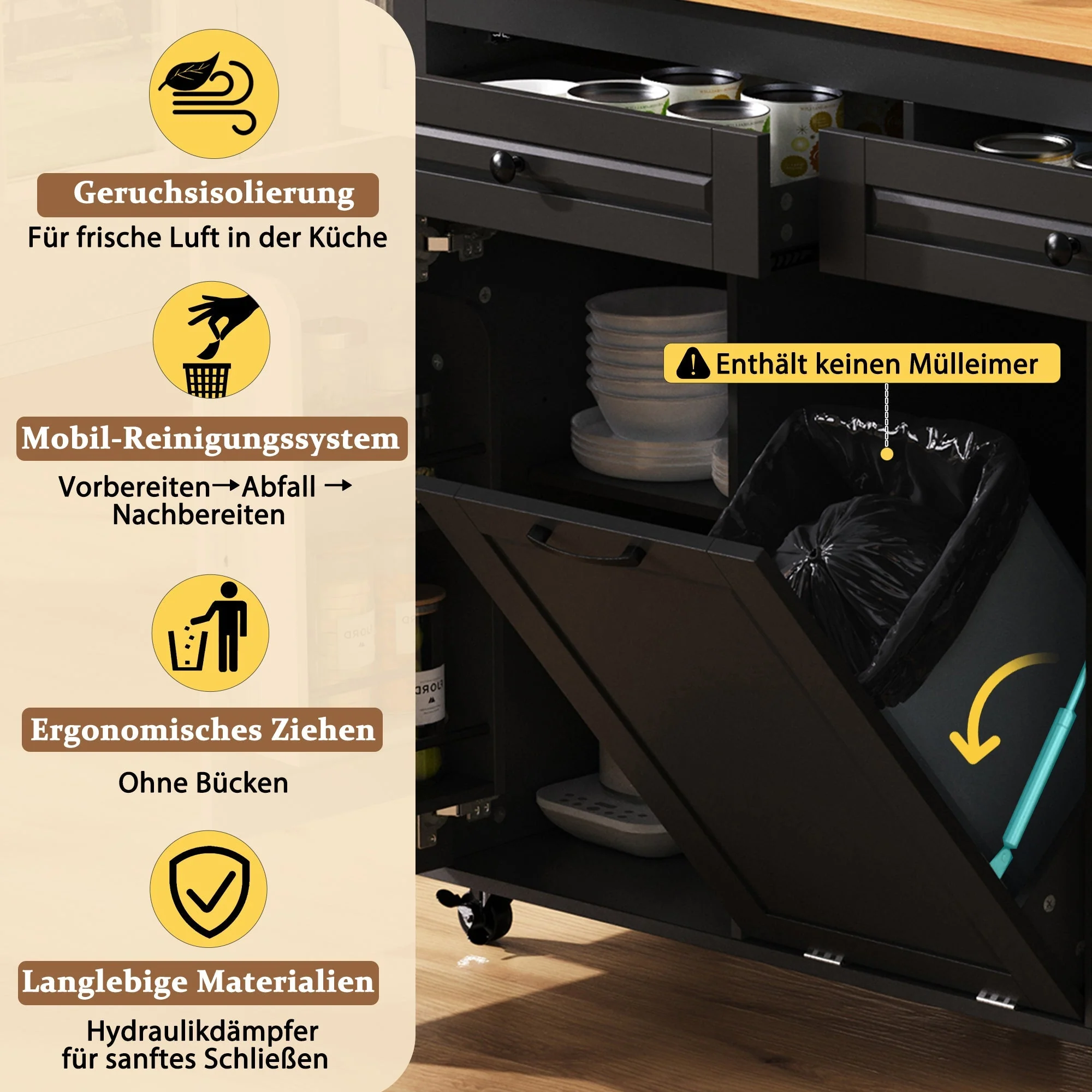 Kitchen Island Mobile Extendable Dining Worktop Waste Bin Power Strips - Black - Image 9