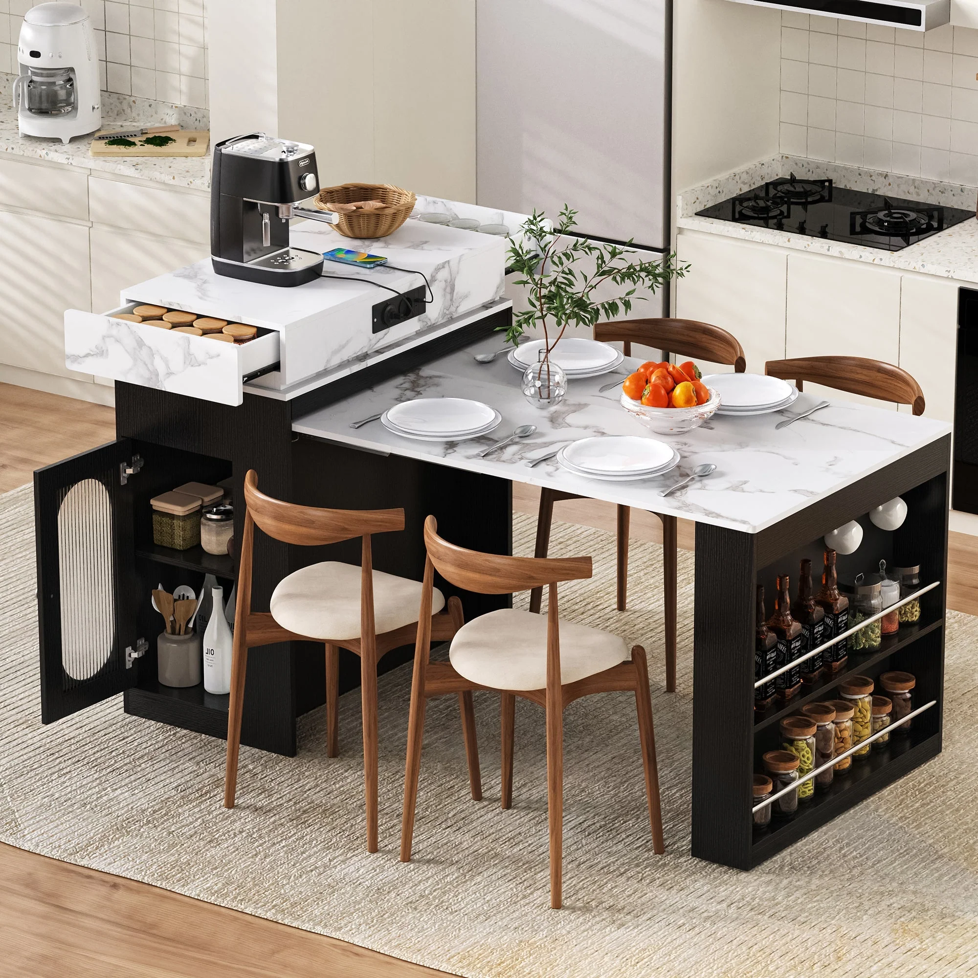 Kitchen Island Mobile Extendable Folding Table Power Strips - Black - Image 2