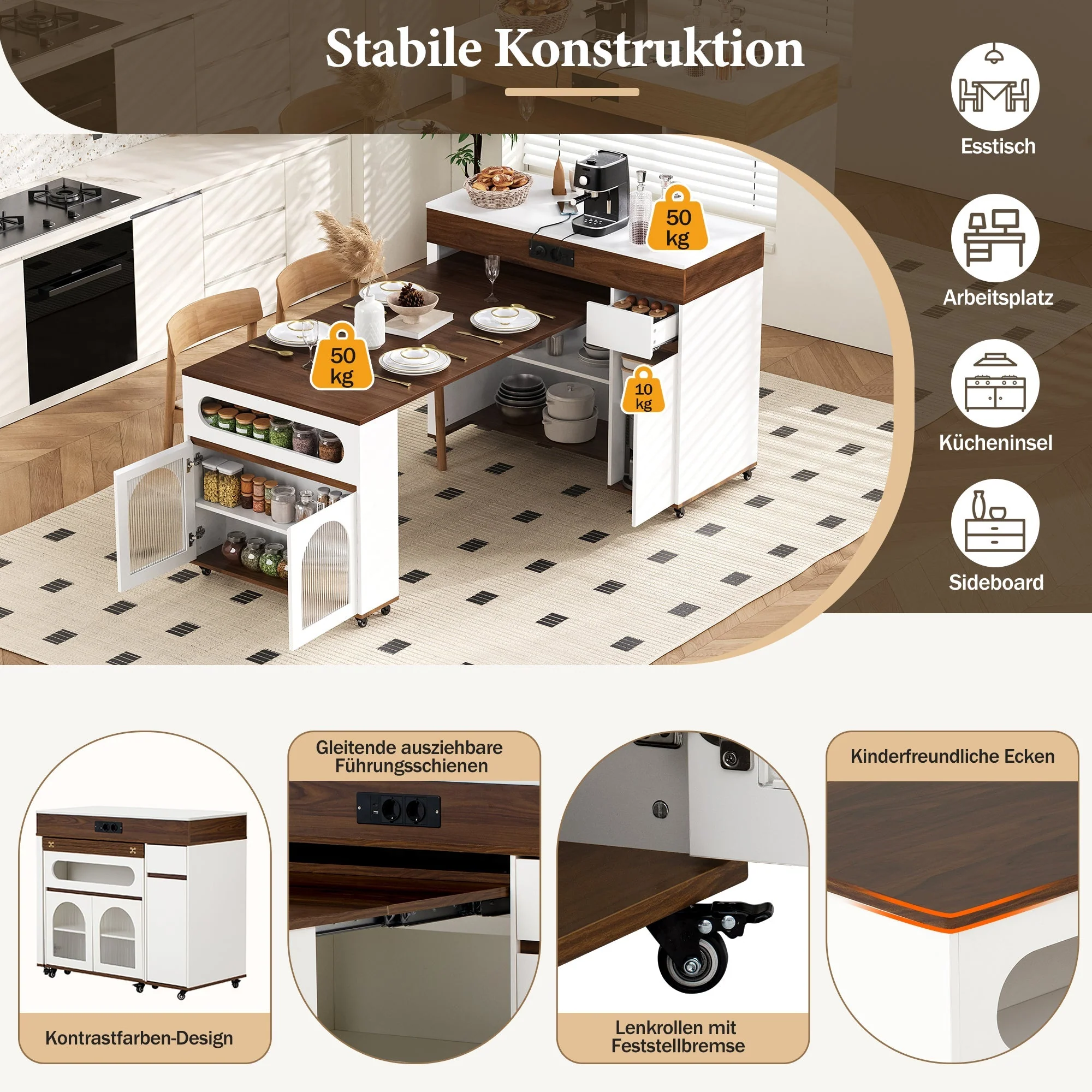 Kitchen Island Mobile Extendable Table Power Strips Ribbed Glass Storage - White/Walnut - Image 8