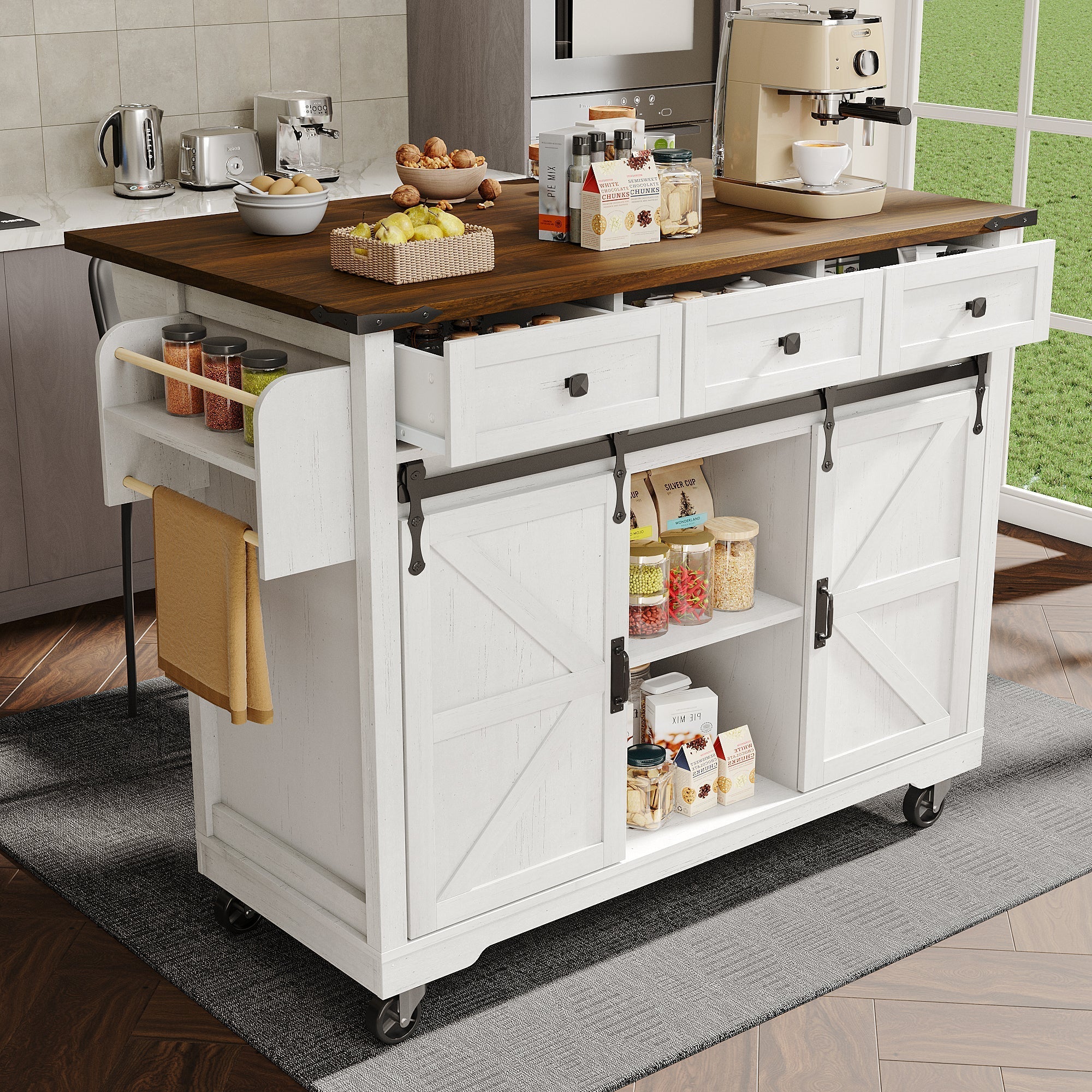 Kitchen Island Mobile Extendable Worktop 2 Sliding Doors 3 Drawers - Wood Grain - Image 2