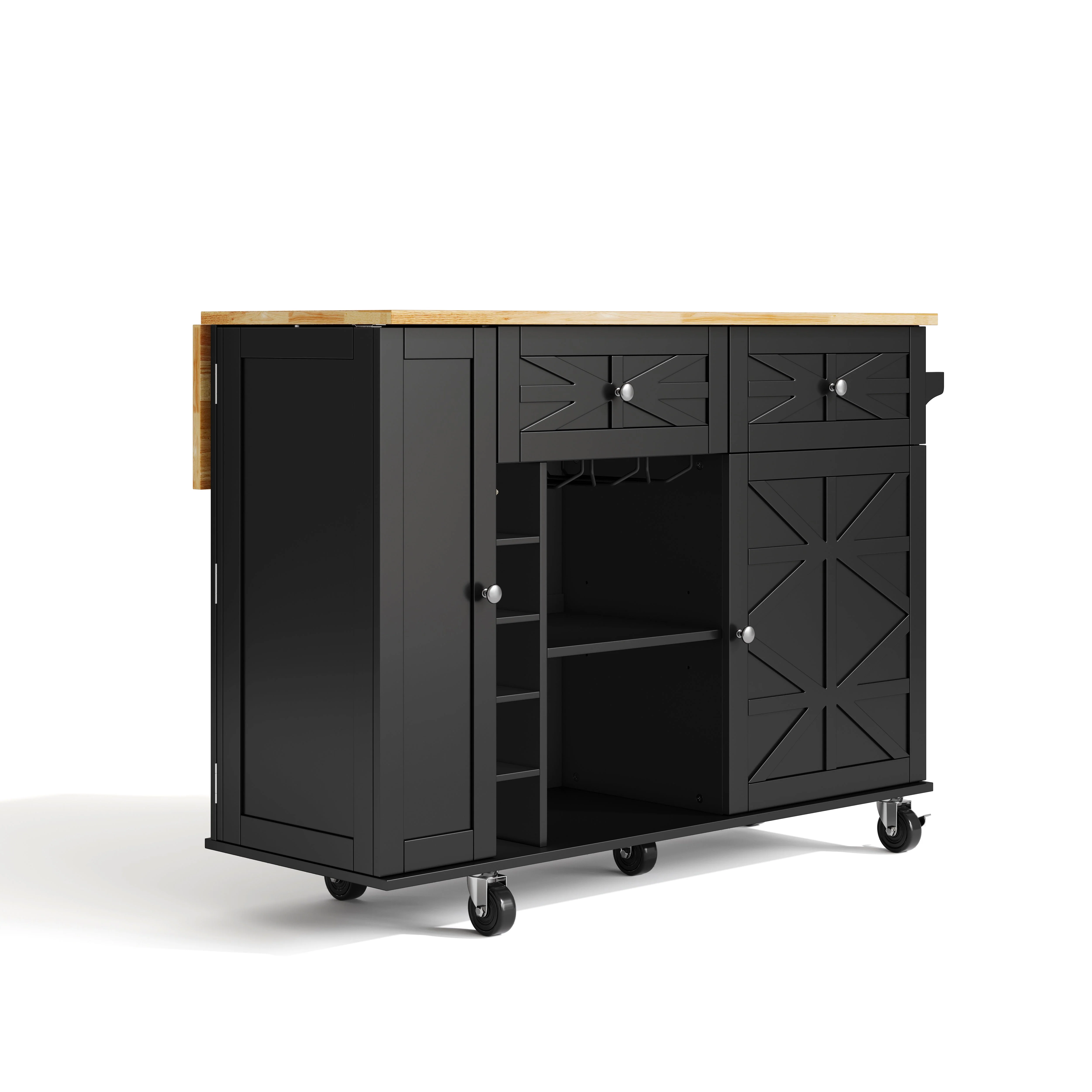 Kitchen Island Mobile Folding Worktop Wine Rack Storage - Black - Image 10