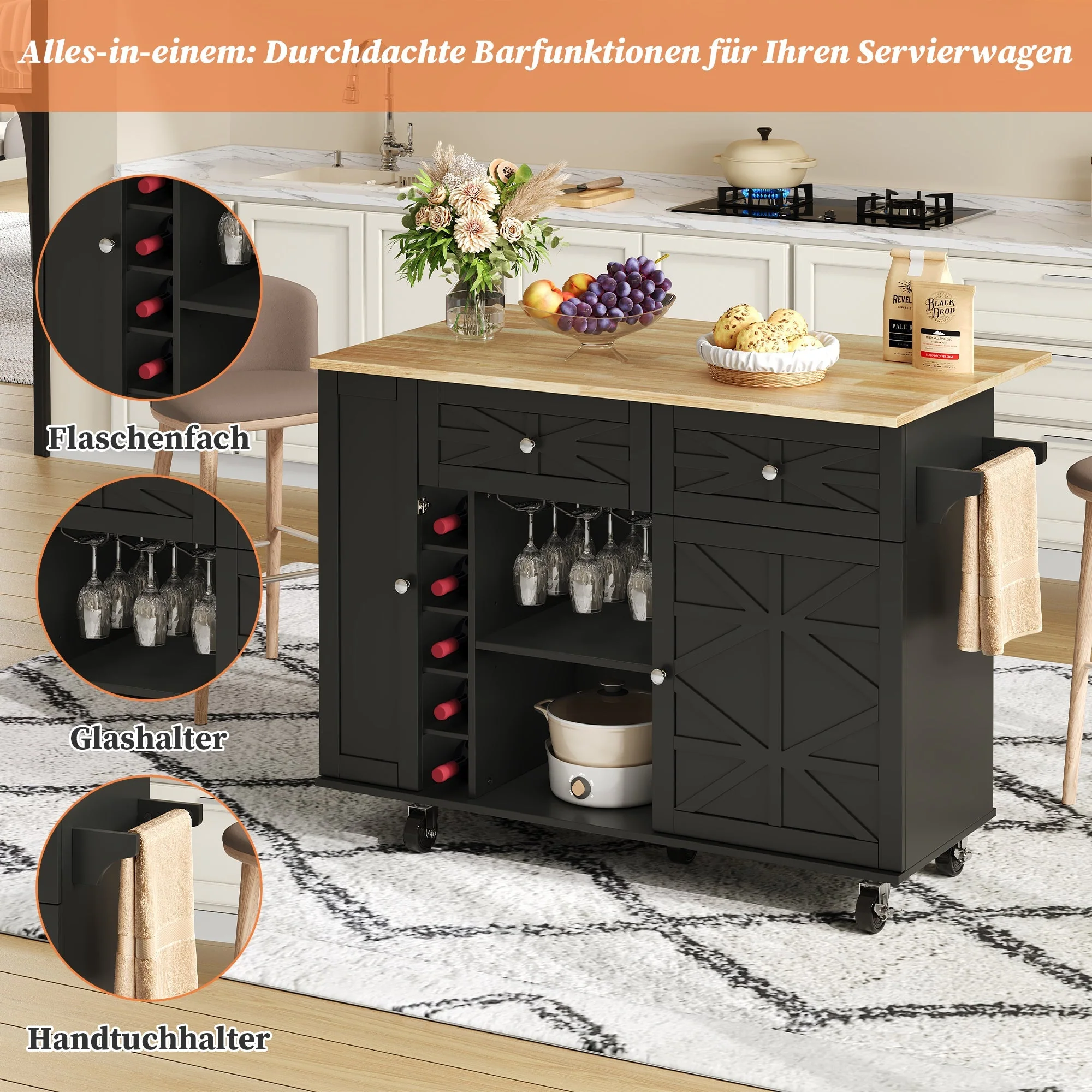 Kitchen Island Mobile Folding Worktop Wine Rack Storage - Black - Image 2