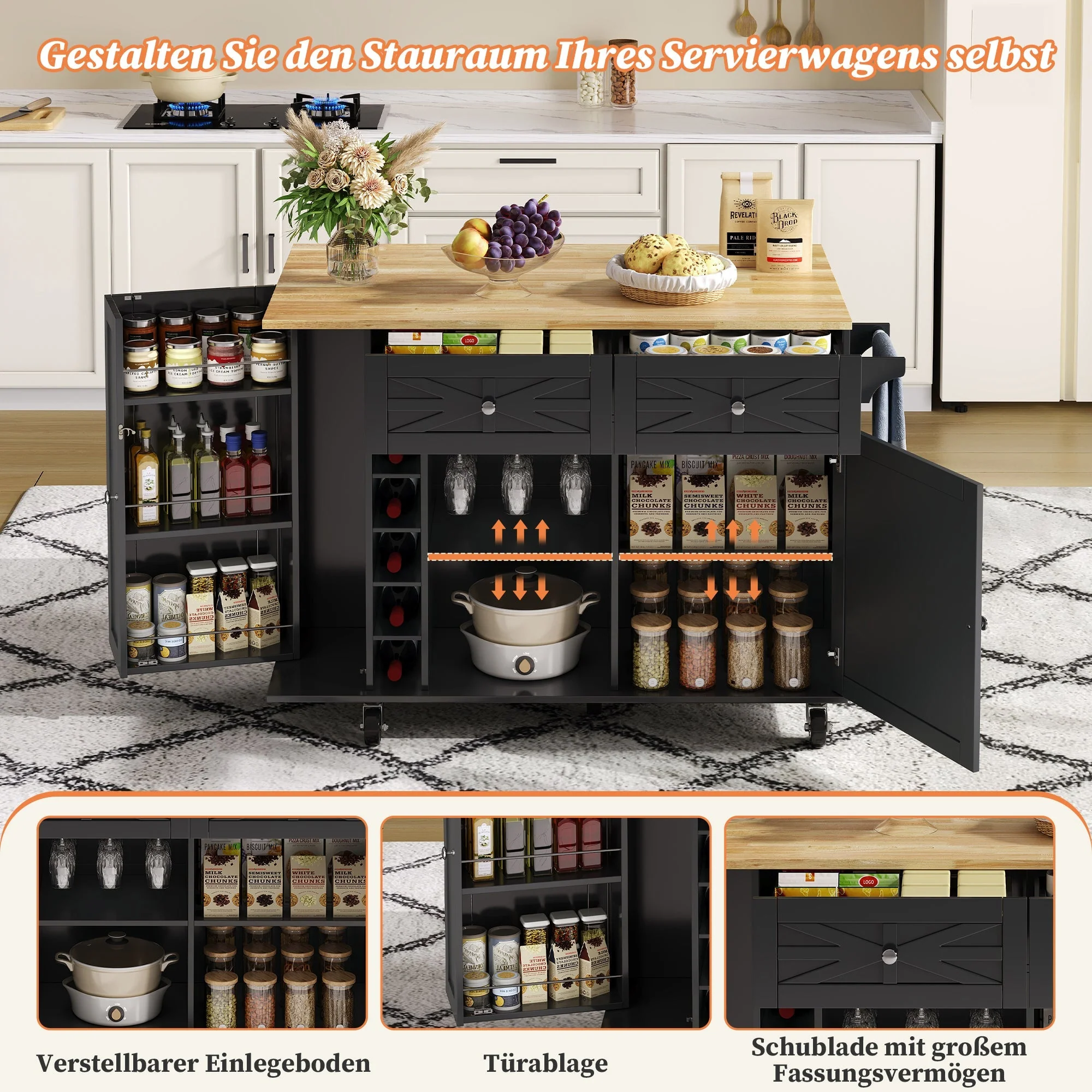 Kitchen Island Mobile Folding Worktop Wine Rack Storage - Black - Image 3