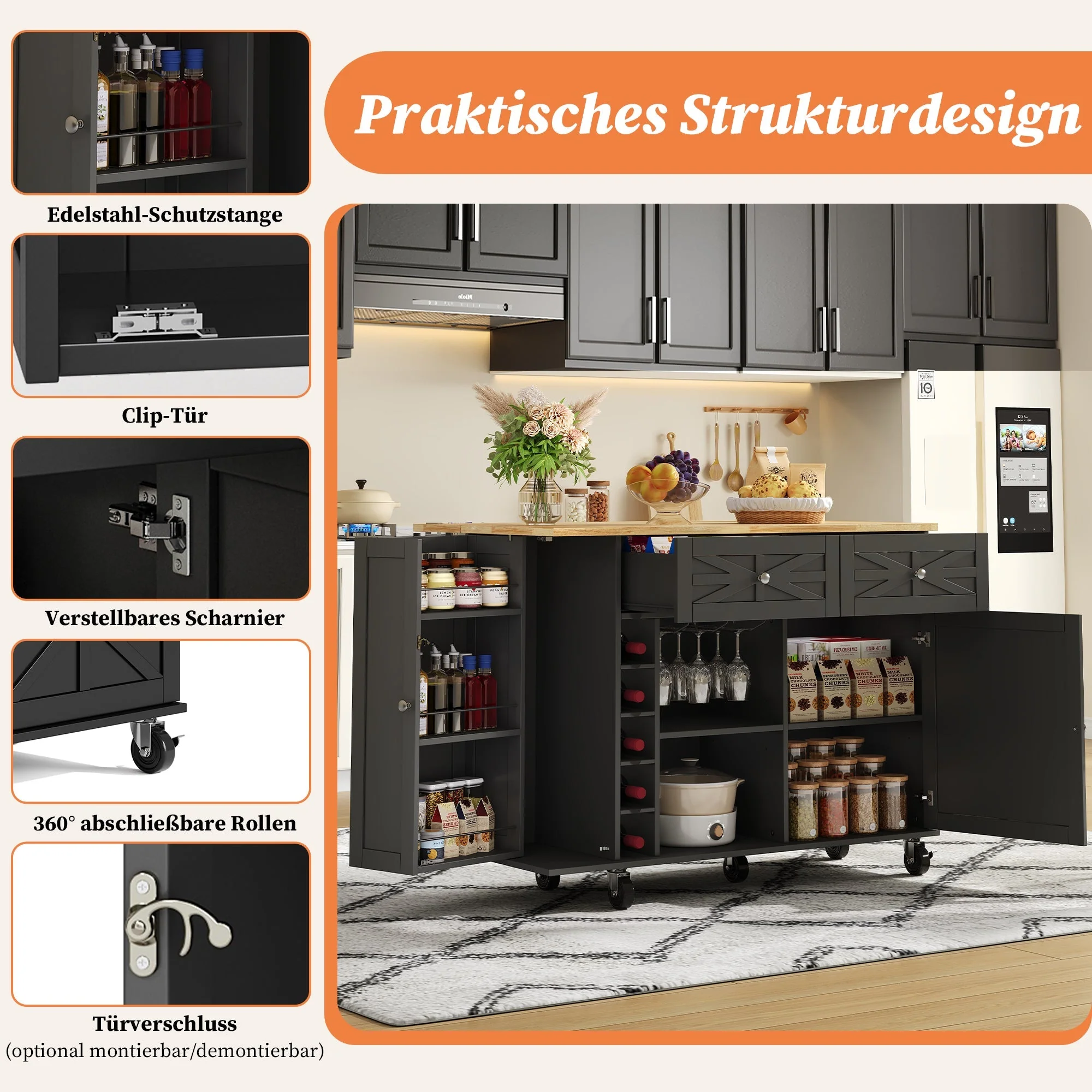 Kitchen Island Mobile Folding Worktop Wine Rack Storage - Black - Image 4