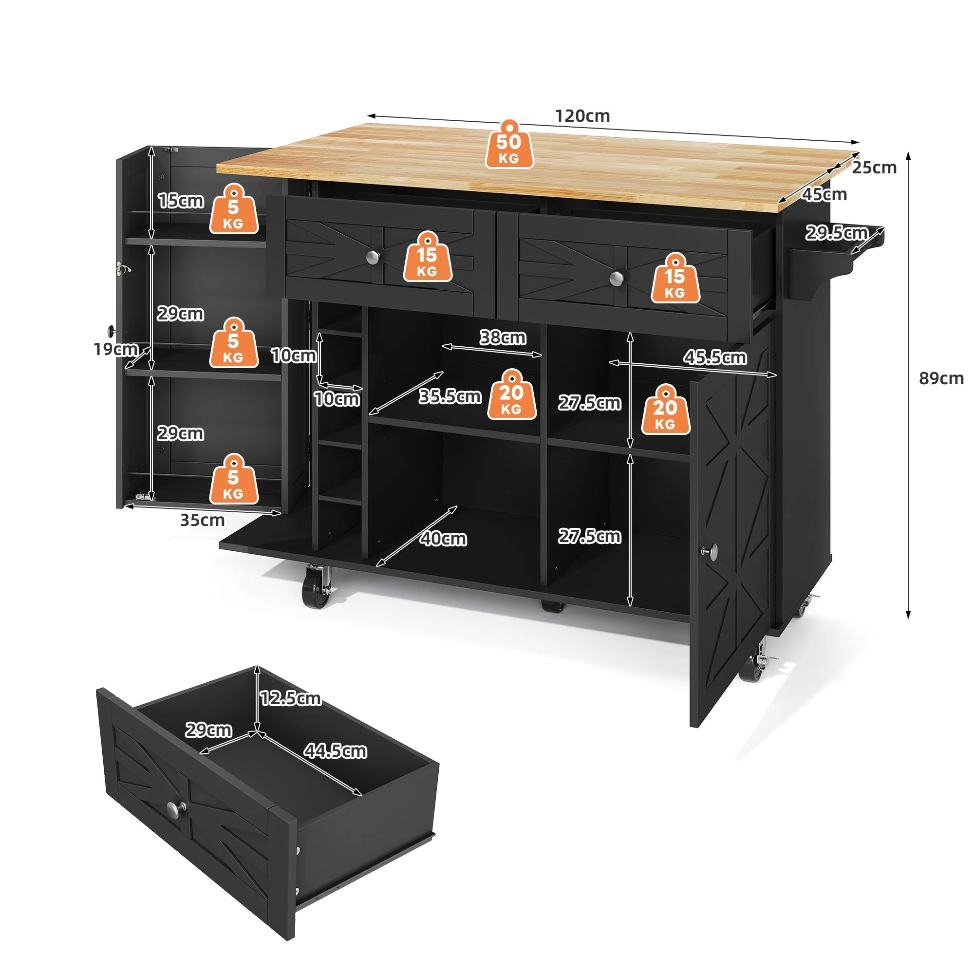 Kitchen Island Mobile Folding Worktop Wine Rack Storage - Black - Image 7
