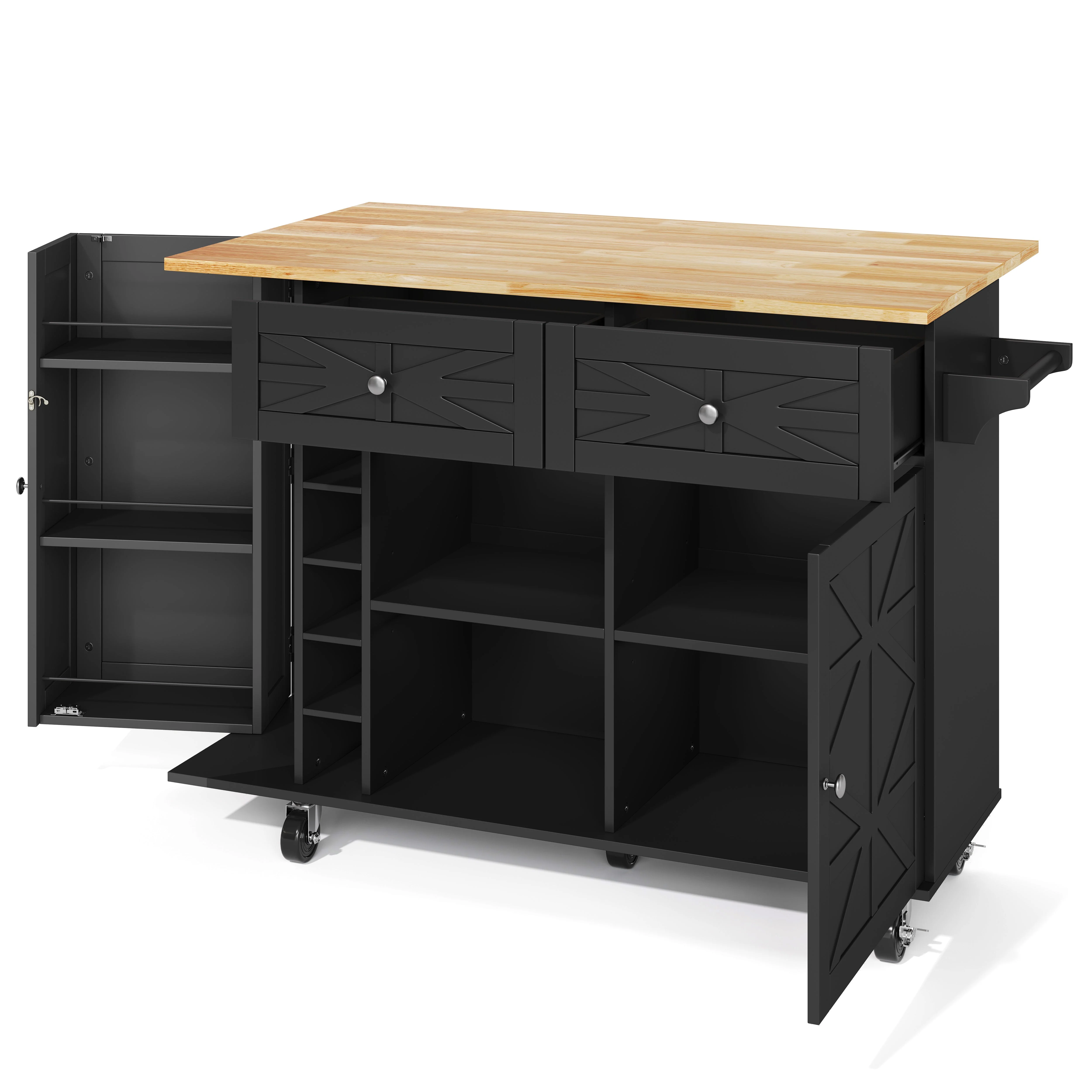 Kitchen Island Mobile Folding Worktop Wine Rack Storage - Black - Image 9