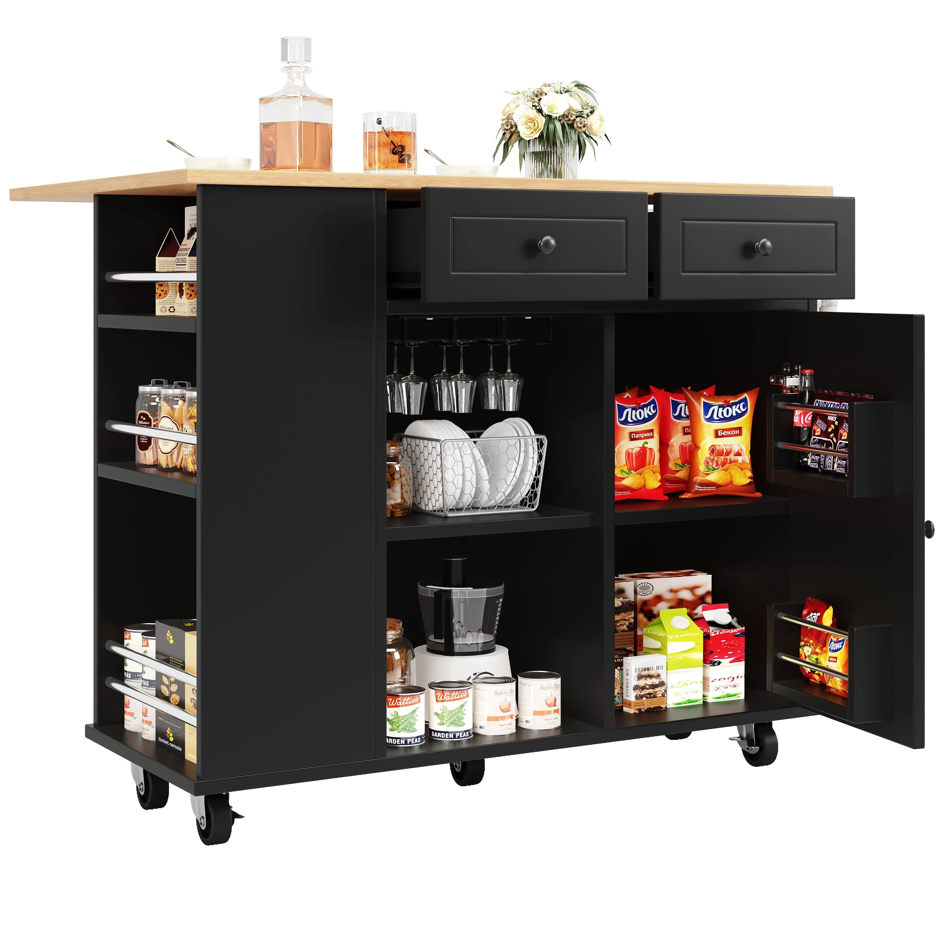 Kitchen Island Mobile Removable Partitions Wine Rack - Black Wood Grain - Image 7