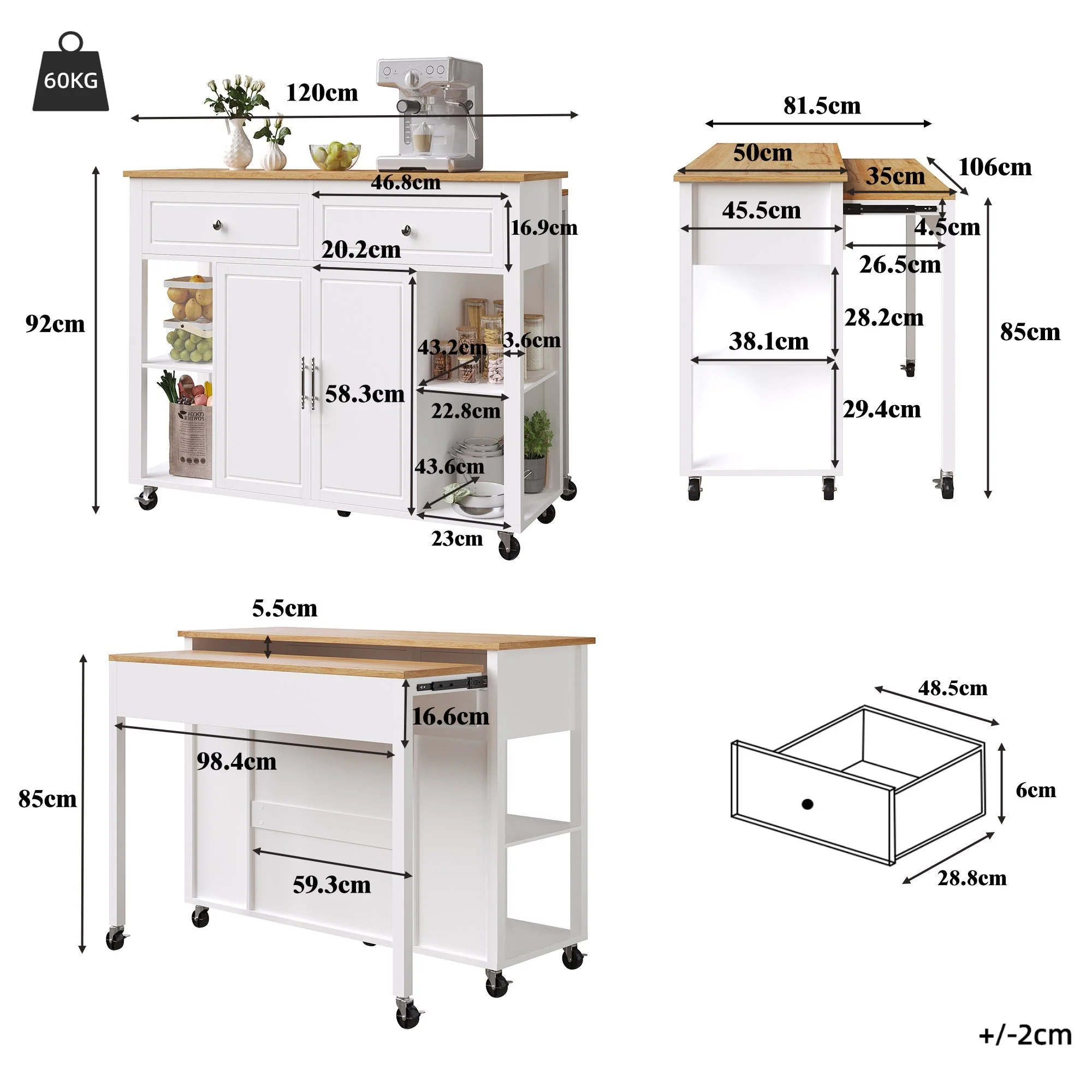 Kitchen Island Mobile Serving Trolley Storage 2 Drawers - Wood Grain - Image 4