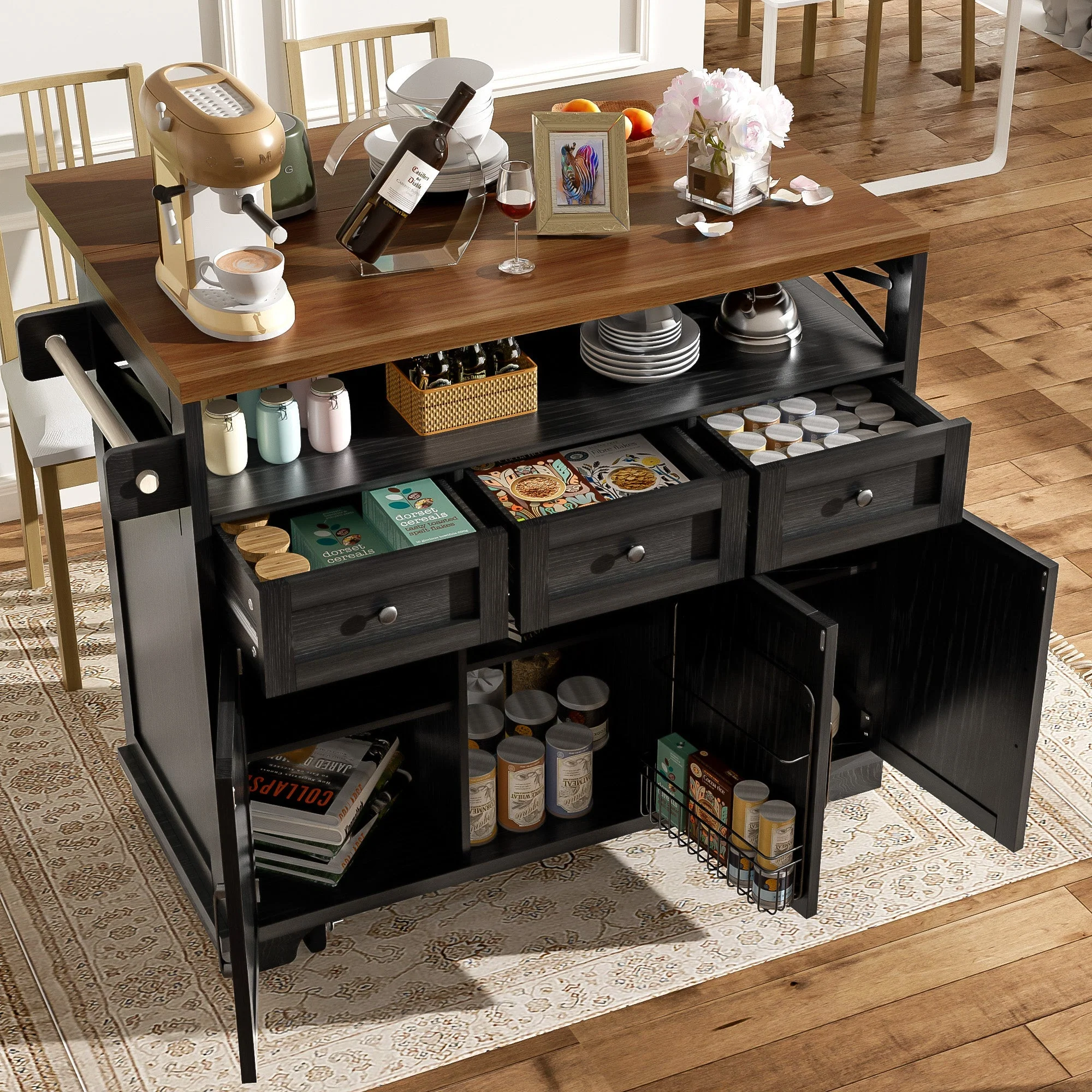 Kitchen Island Mobile Storage Cart with Dividers & Towel Rail - Wood Grain Black - Image 3