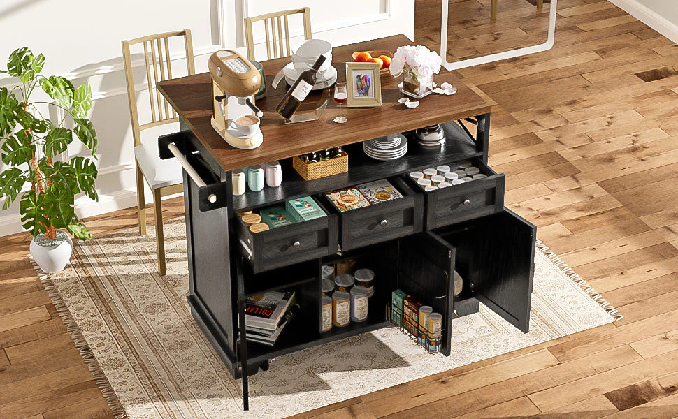 Kitchen Island Mobile Storage Cart with Dividers & Towel Rail - Wood Grain Black - Image 4