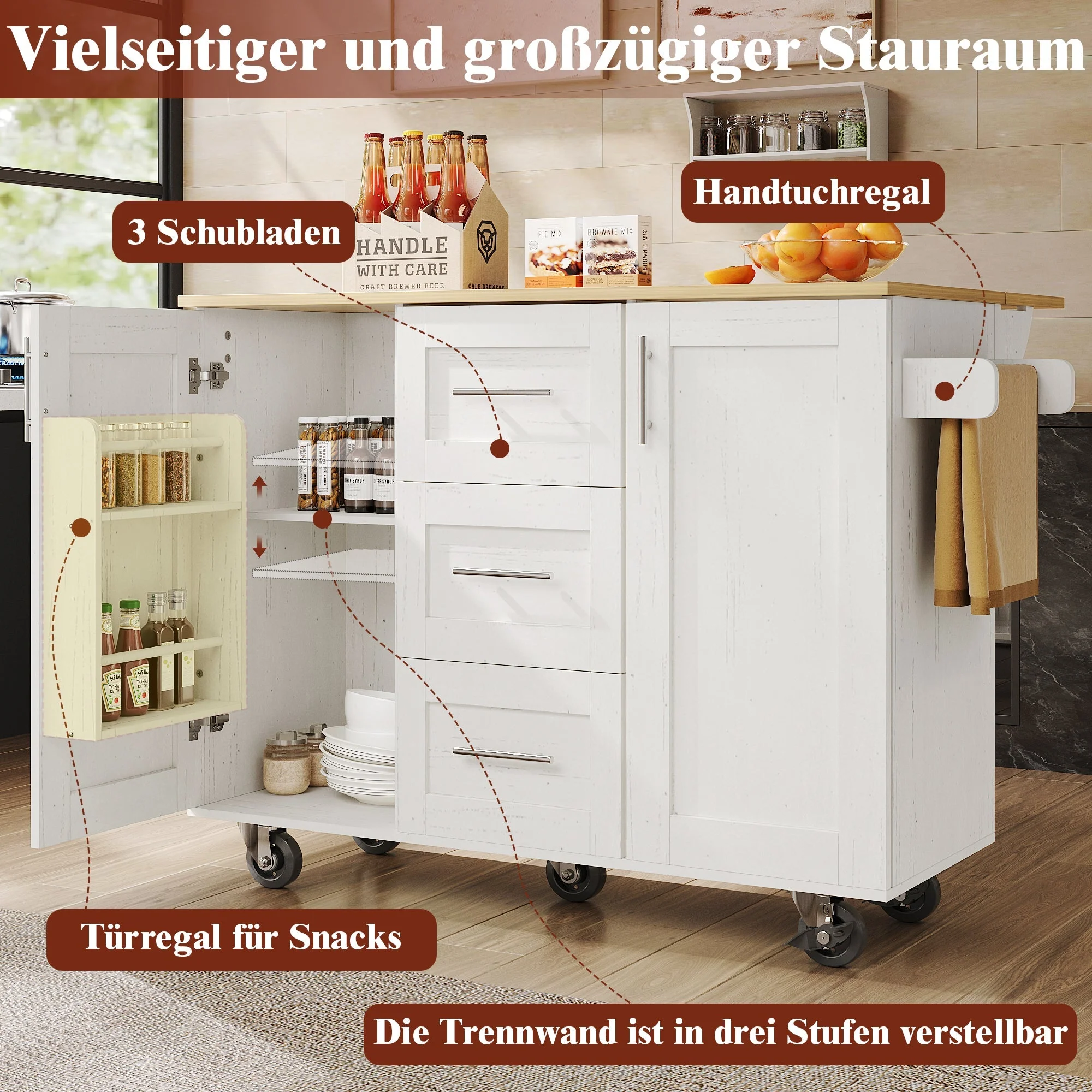 Kitchen Island Mobile Worktop Storage Removable Partitions - White - Image 10