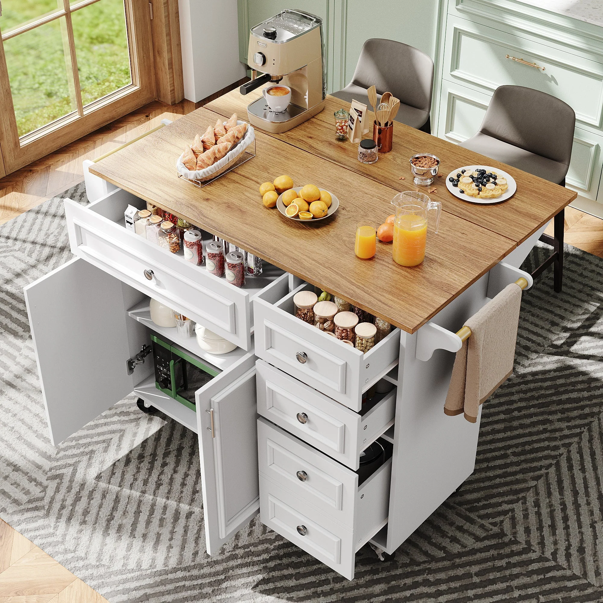 Kitchen Island Multifunctional Dining Table Removable Trolley Storage - White