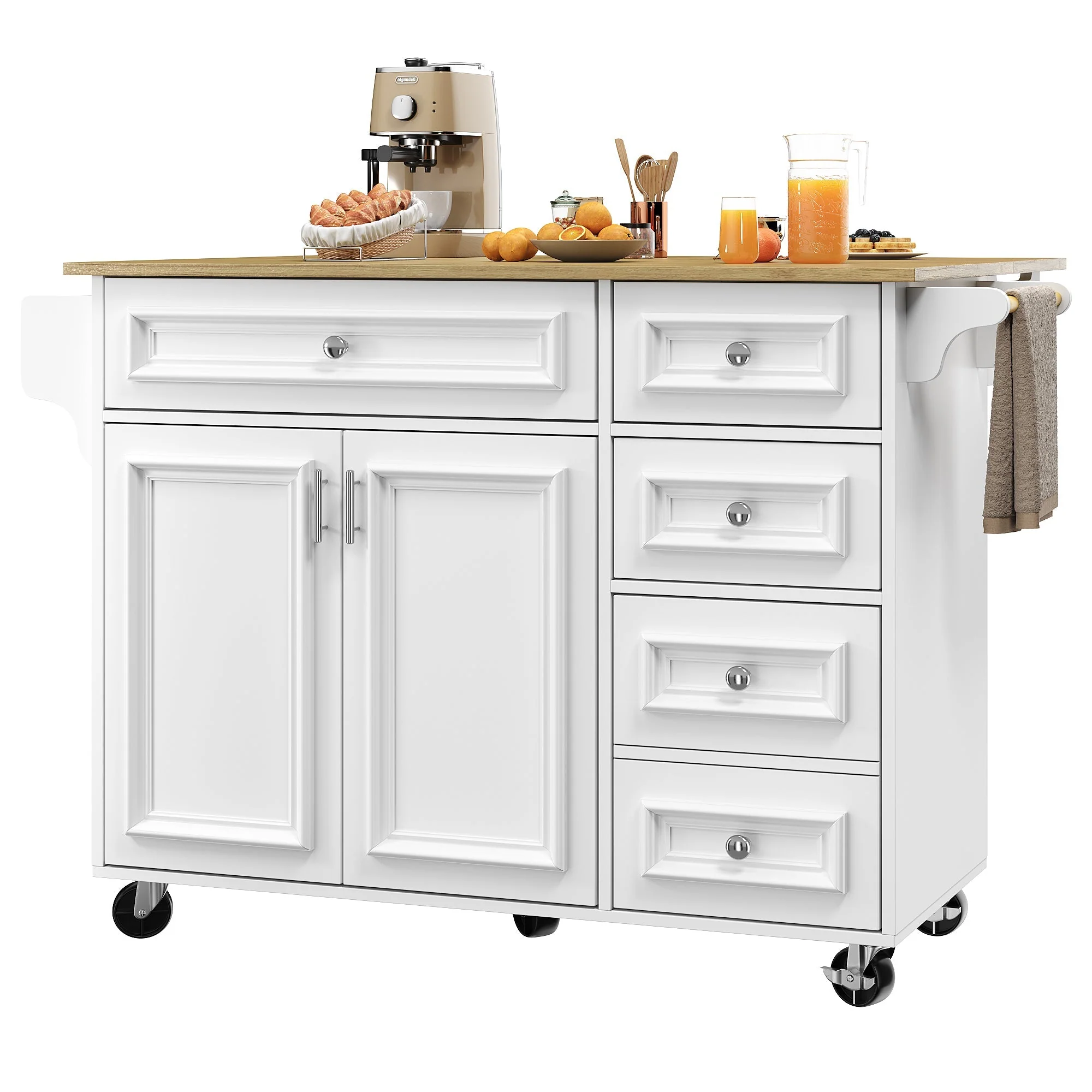 Kitchen Island Multifunctional Dining Table Removable Trolley Storage - White - Image 10