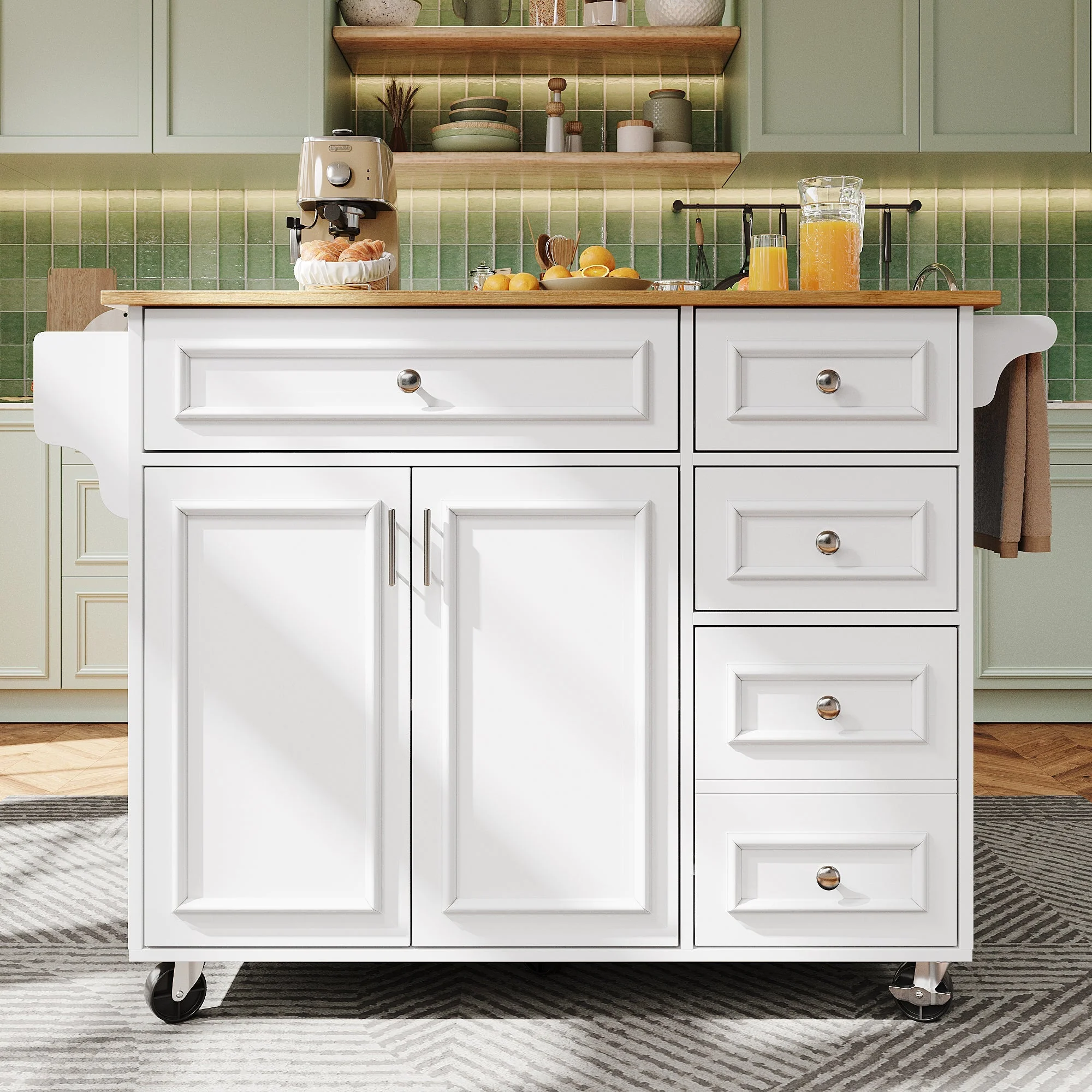 Kitchen Island Multifunctional Dining Table Removable Trolley Storage - White - Image 3