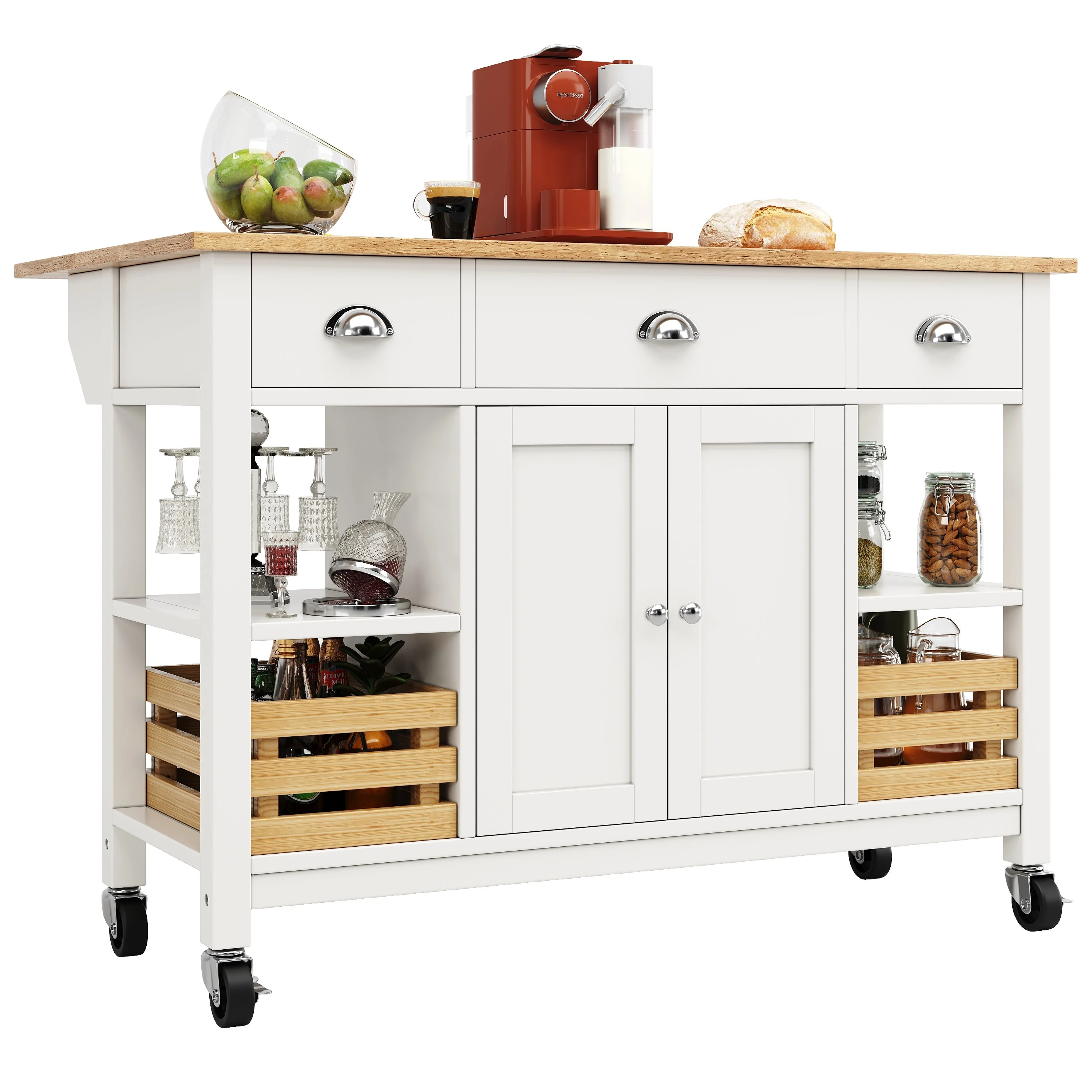 Kitchen Island Multifunctional Dining Table Trolley Cabinet Pine Storage Basket 120x45x90cm - White - Image 6