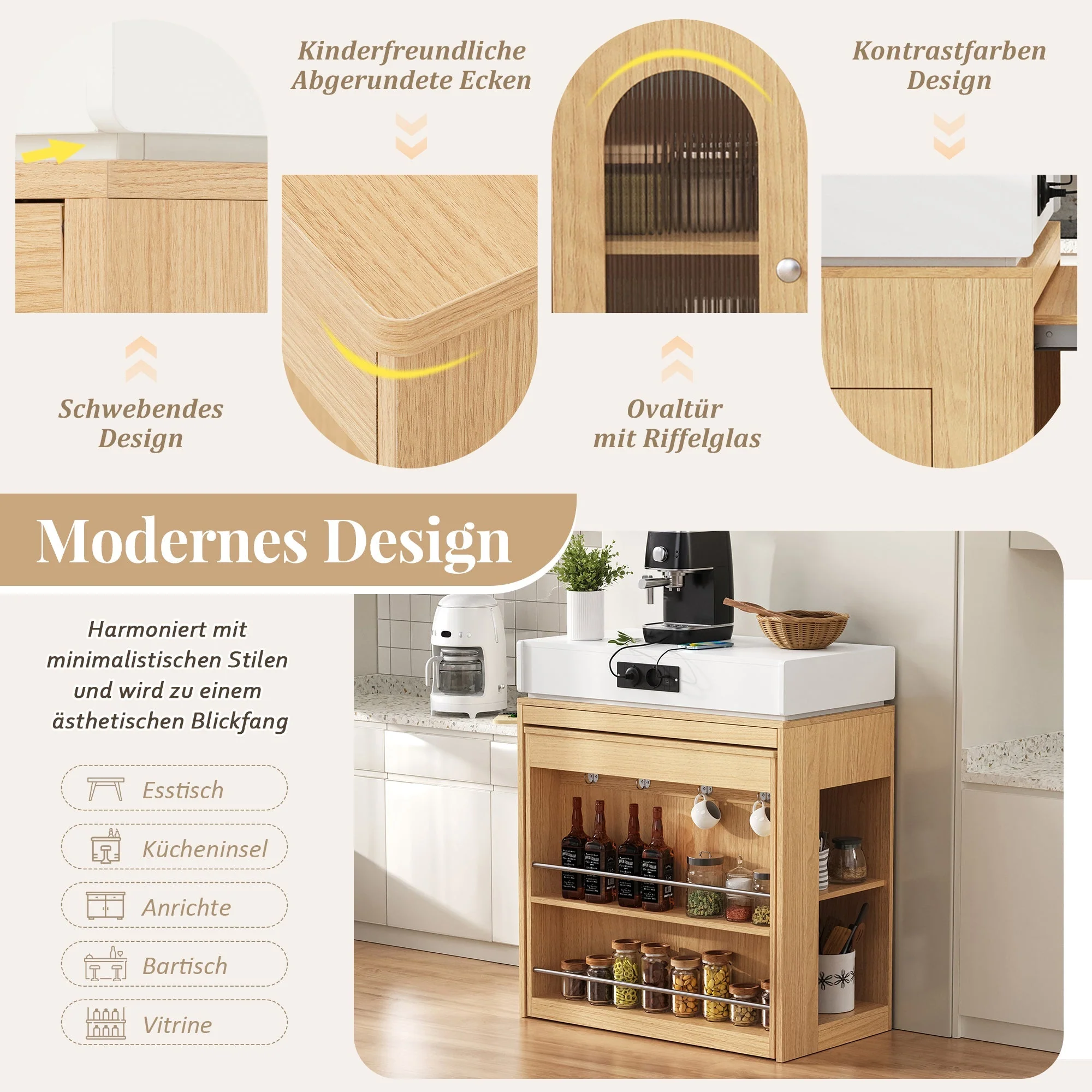 Kitchen Island on Wheels Extendable Dining Table Power Strips & Hooks - Natural - Image 10