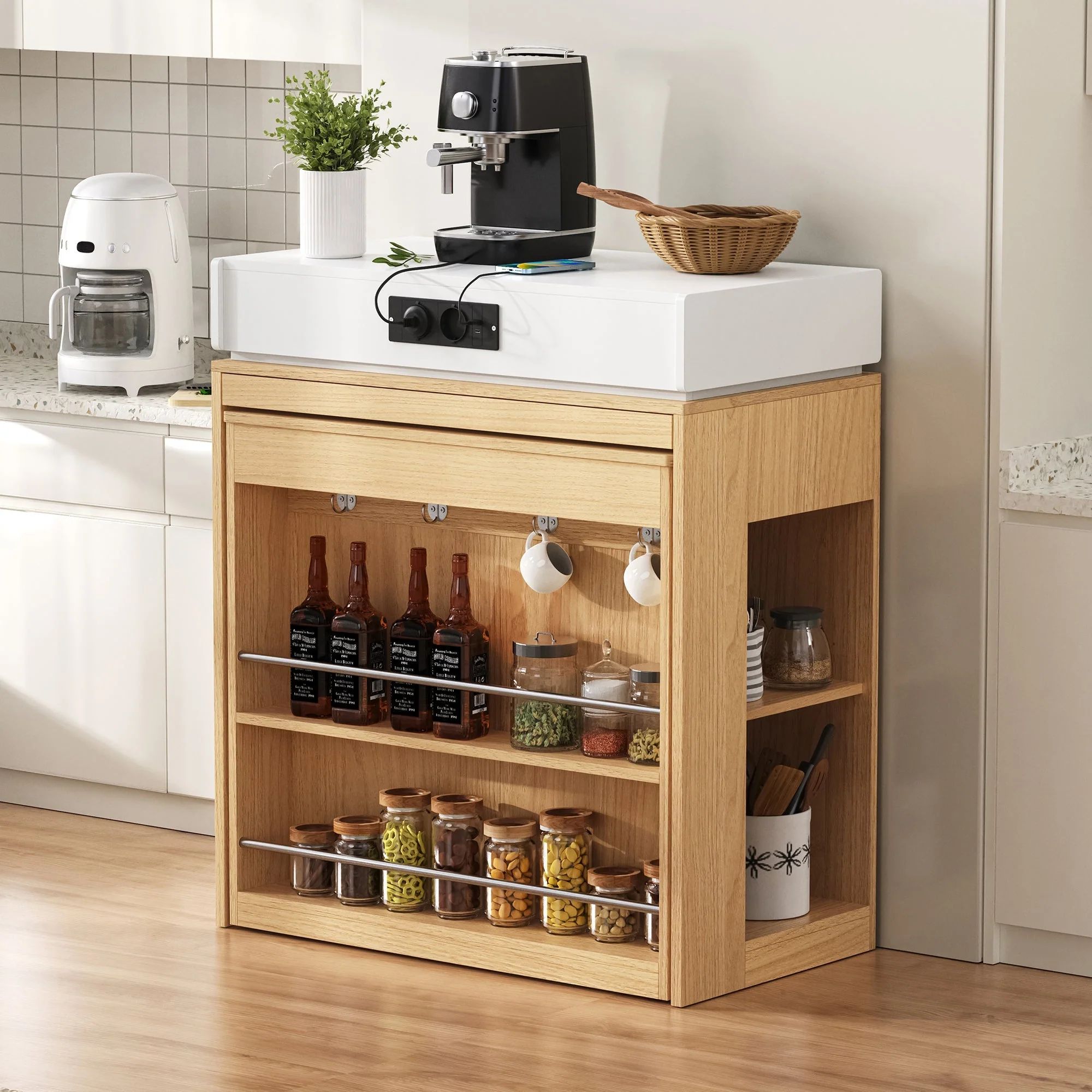 Kitchen Island on Wheels Extendable Dining Table Power Strips & Hooks - Natural - Image 2