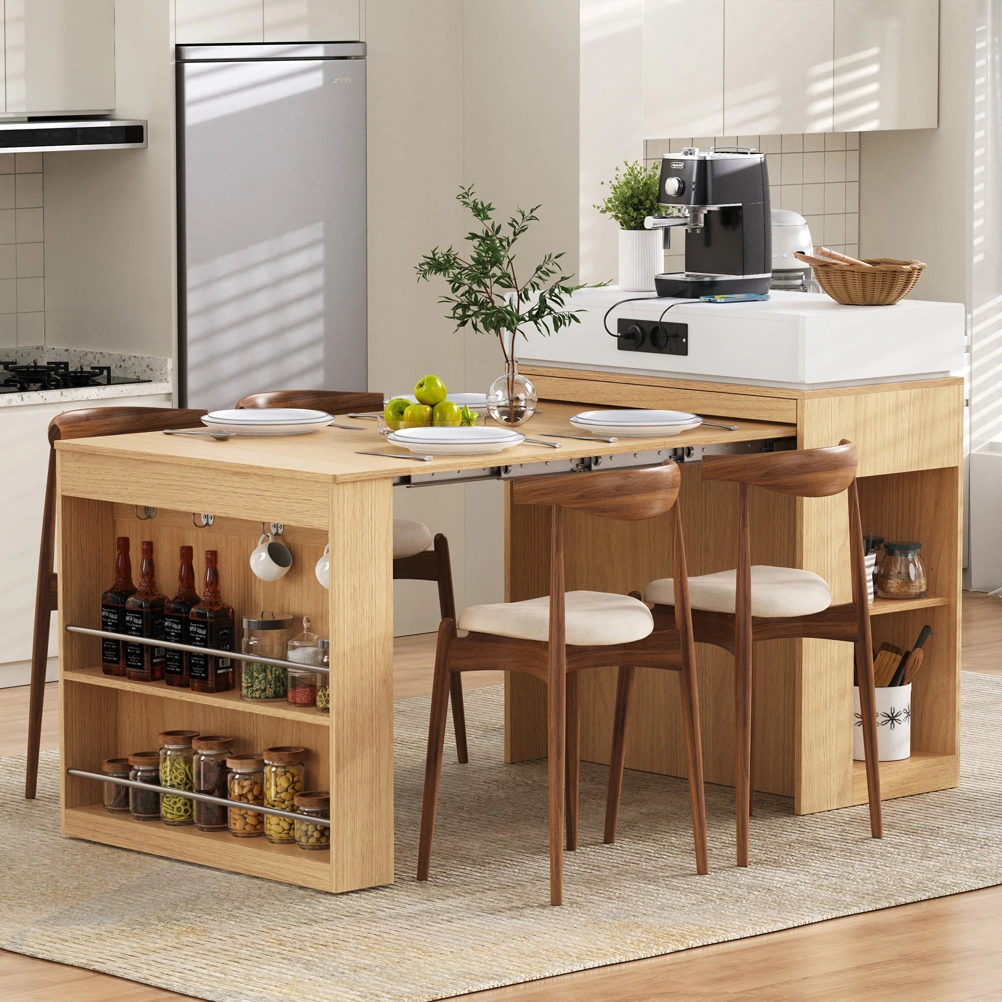 Kitchen Island on Wheels Extendable Dining Table Power Strips & Hooks - Natural - Image 3