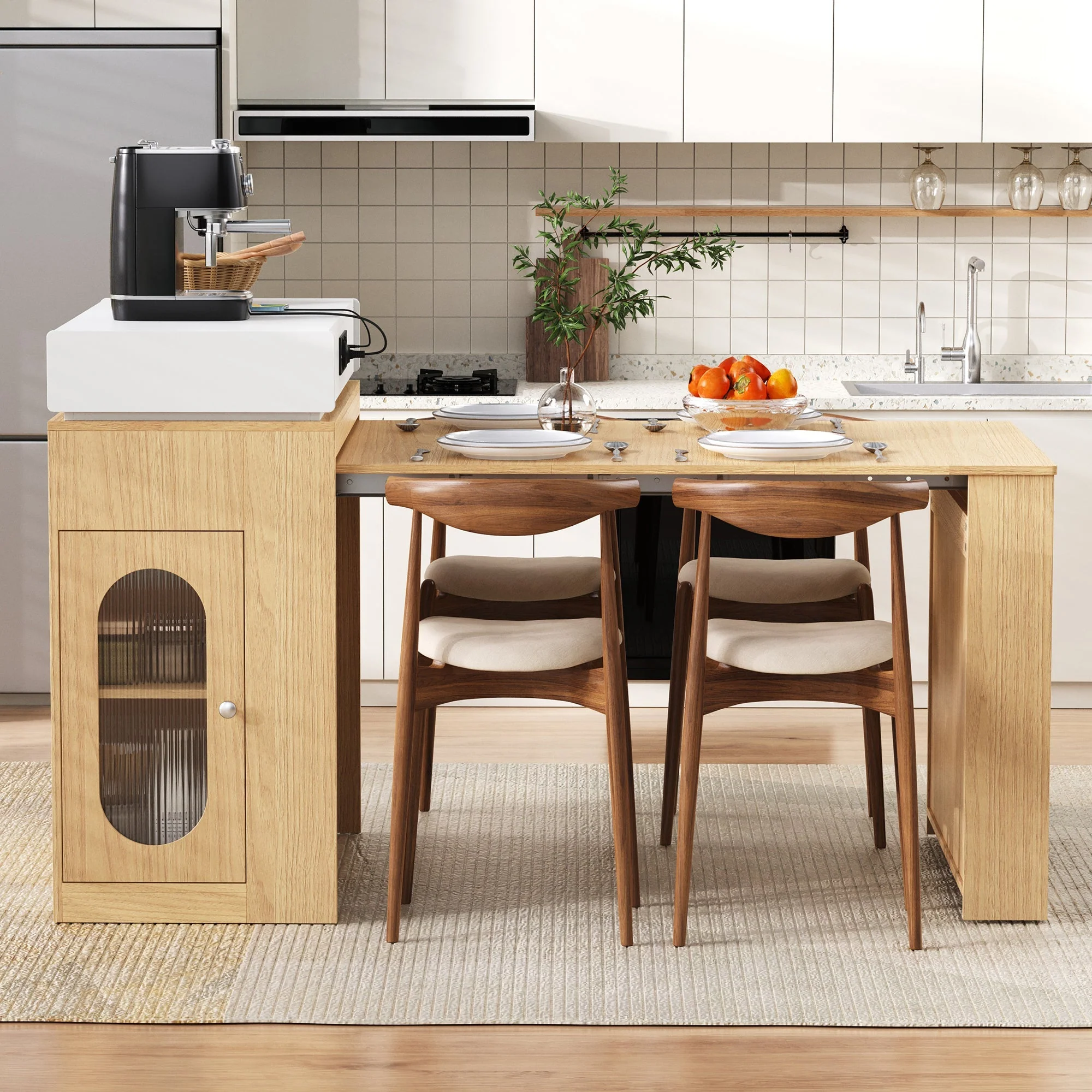 Kitchen Island on Wheels Extendable Dining Table Power Strips & Hooks - Natural - Image 4