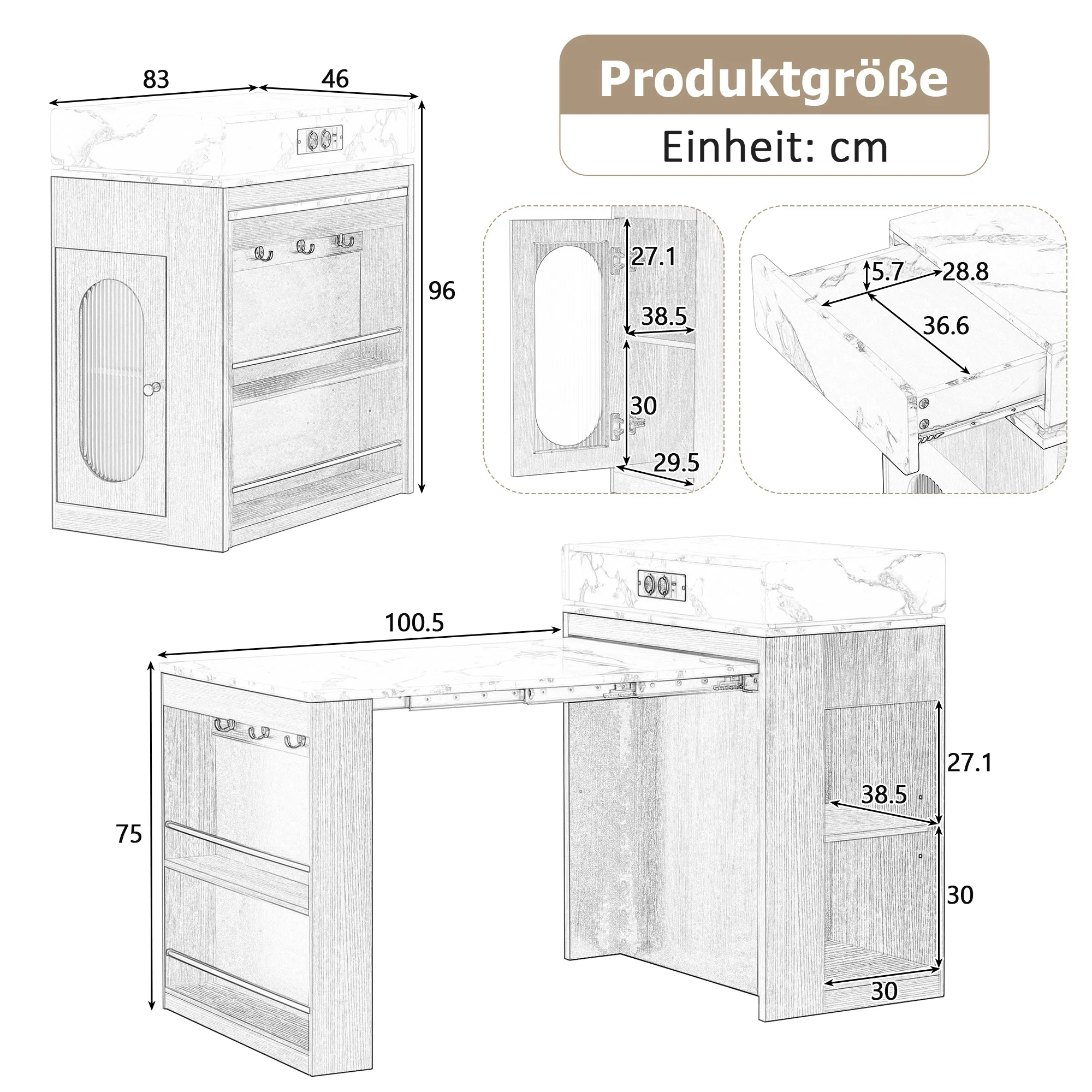 Kitchen Island on Wheels Extendable Dining Table Power Strips & Hooks - Natural - Image 5