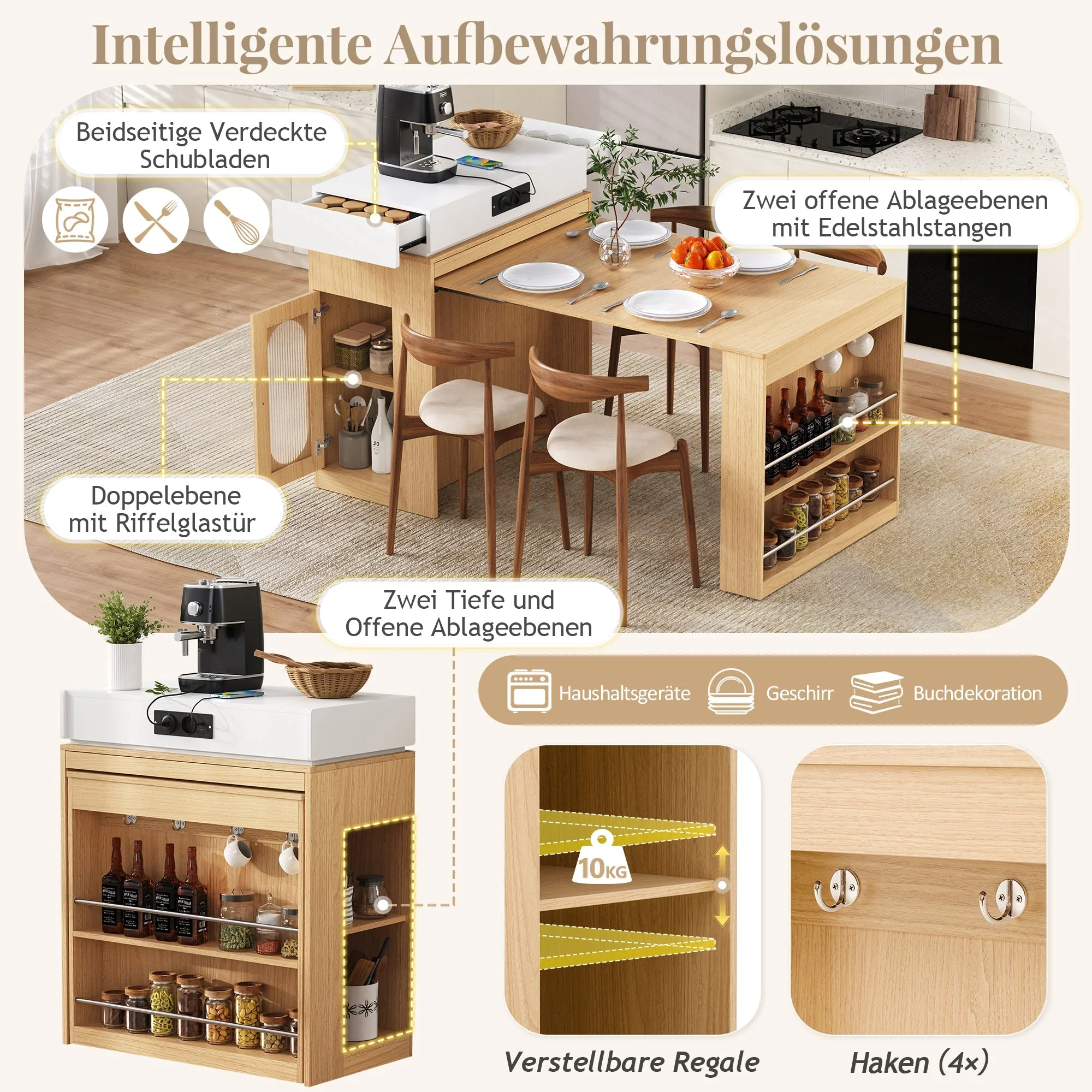 Kitchen Island on Wheels Extendable Dining Table Power Strips & Hooks - Natural - Image 7